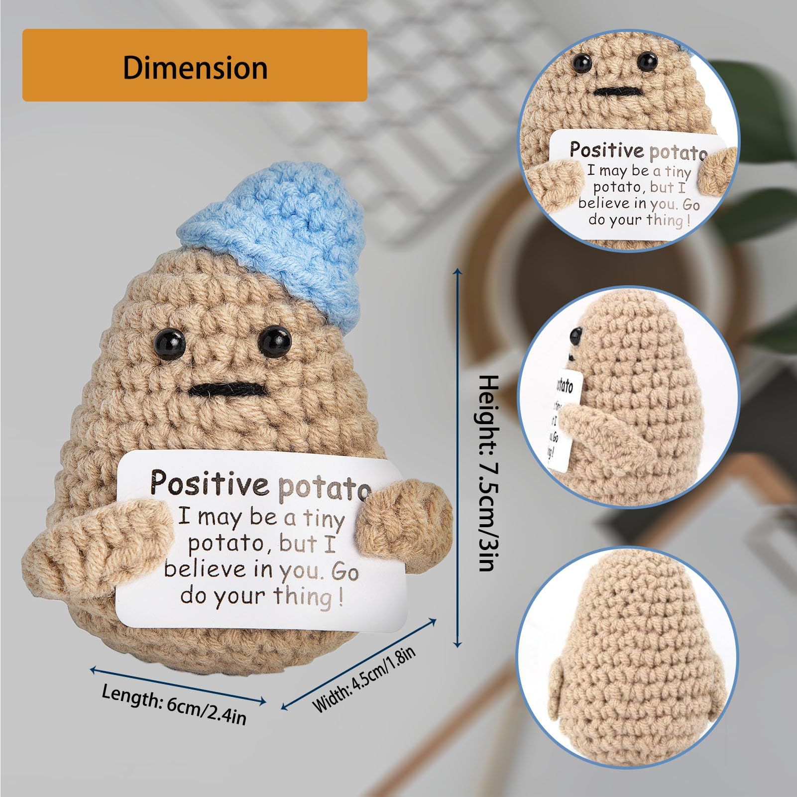 Funny Positive Potato - 3 Inch Knitted Crochet Doll, Complete with an Uplifting Positive Card, Ideal for Cheer Up (Blue)