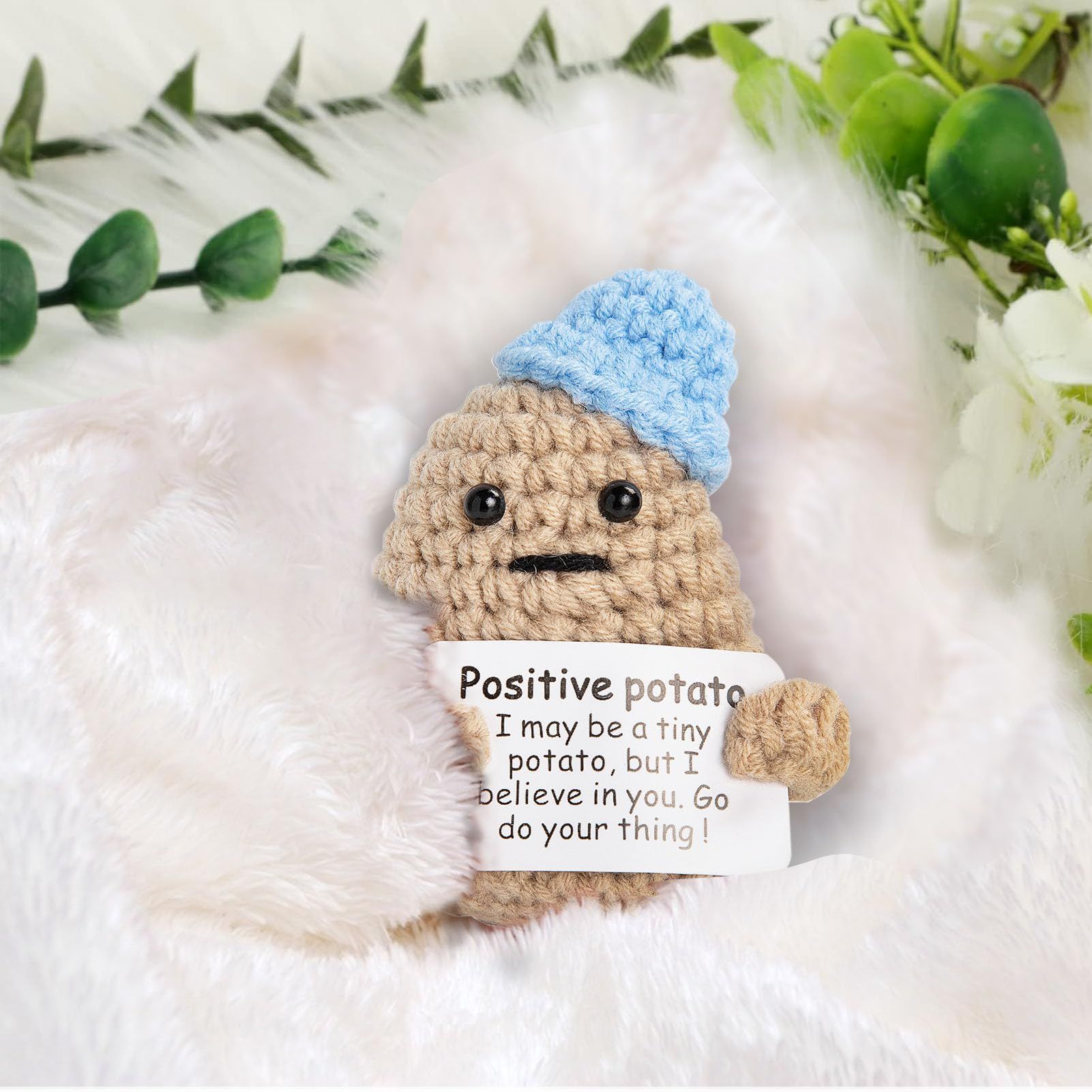 Funny Positive Potato - 3 Inch Knitted Crochet Doll, Complete with an Uplifting Positive Card, Ideal for Cheer Up (Blue)