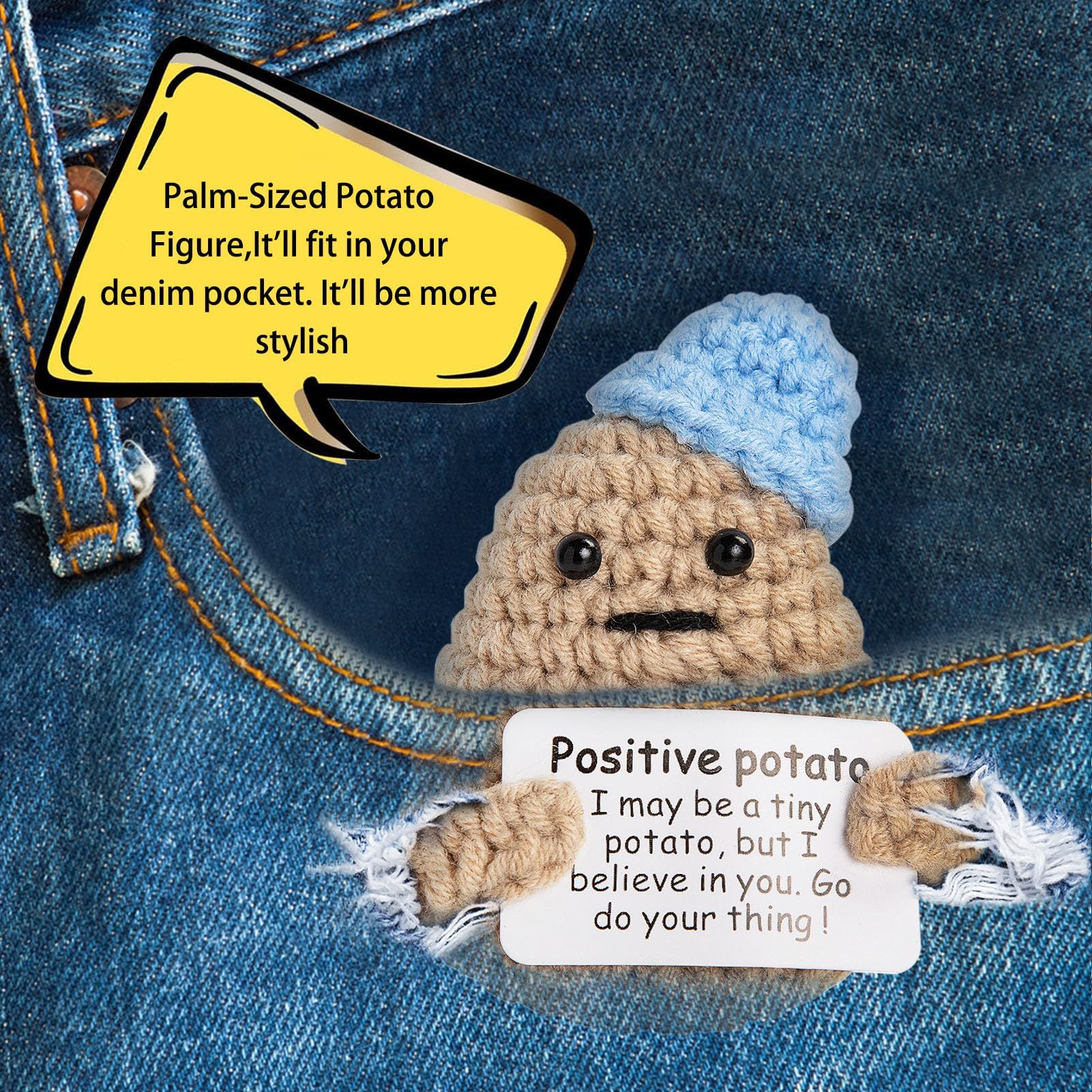 Funny Positive Potato - 3 Inch Knitted Crochet Doll, Complete with an Uplifting Positive Card, Ideal for Cheer Up (Blue)