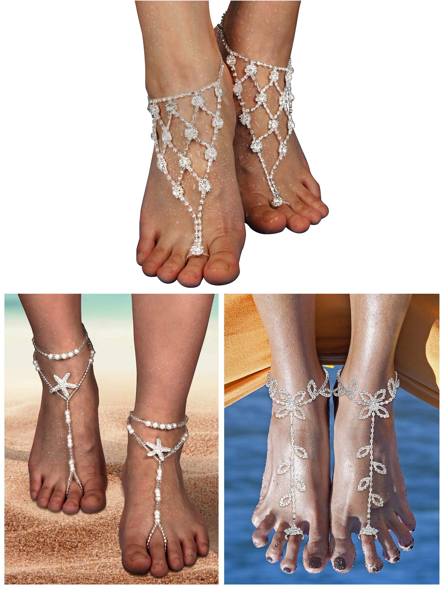 6 Pieces Foot Jewelry Barefoot Sandals for Women Rhinestone Anklets Bohemian Foot Chain for Beach Wedding Valentine's Day