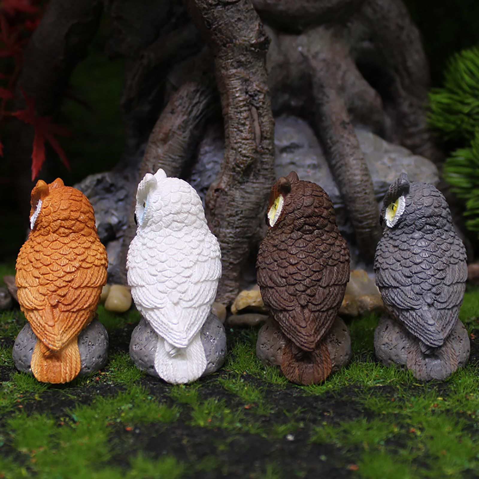 Mini Owl Statue 4Pcs Bird Scarecrow Fake Owl Decoy Sculpture Fairy Garden Accessories Supplies Micro Landscape Plant Pots