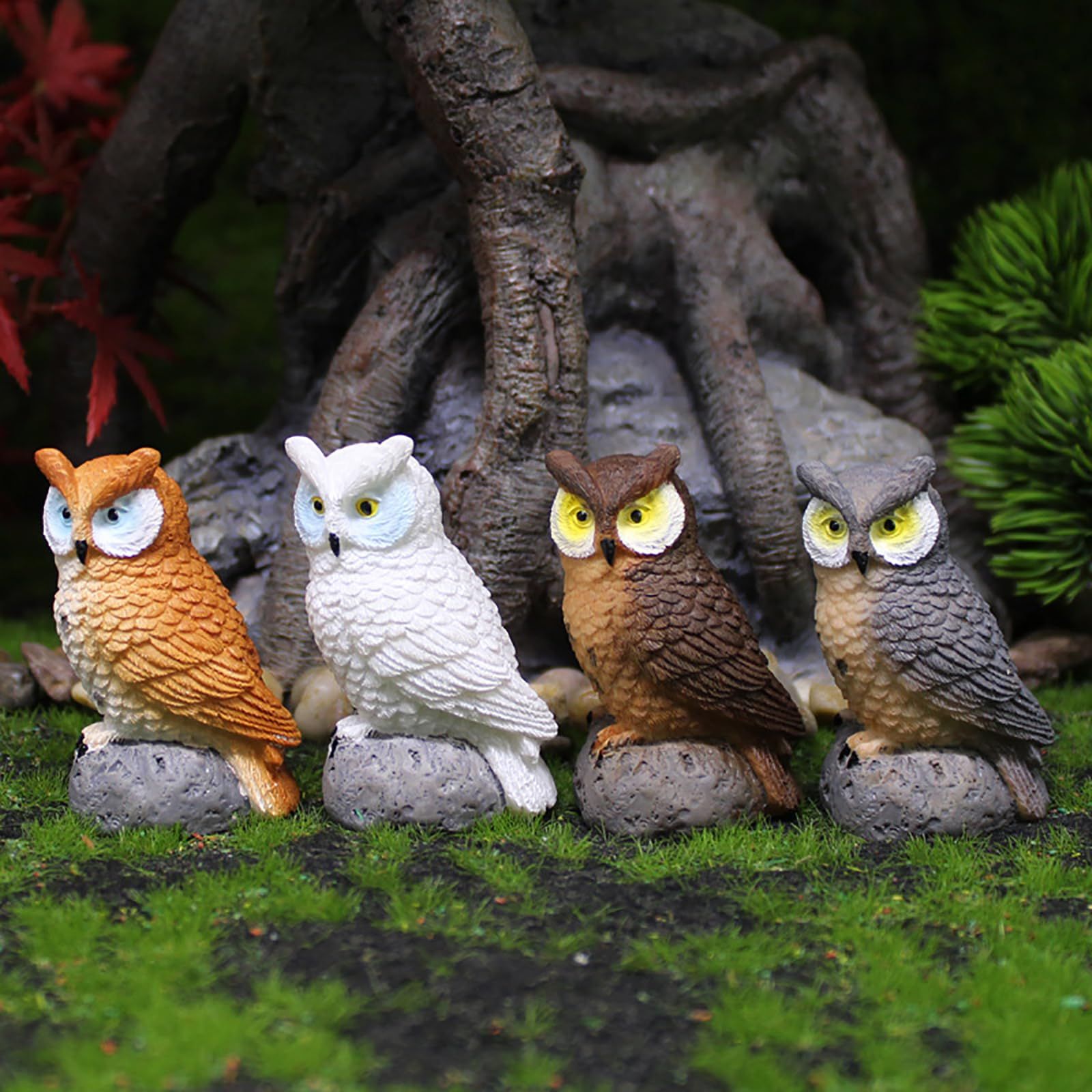 Mini Owl Statue 4Pcs Bird Scarecrow Fake Owl Decoy Sculpture Fairy Garden Accessories Supplies Micro Landscape Plant Pots