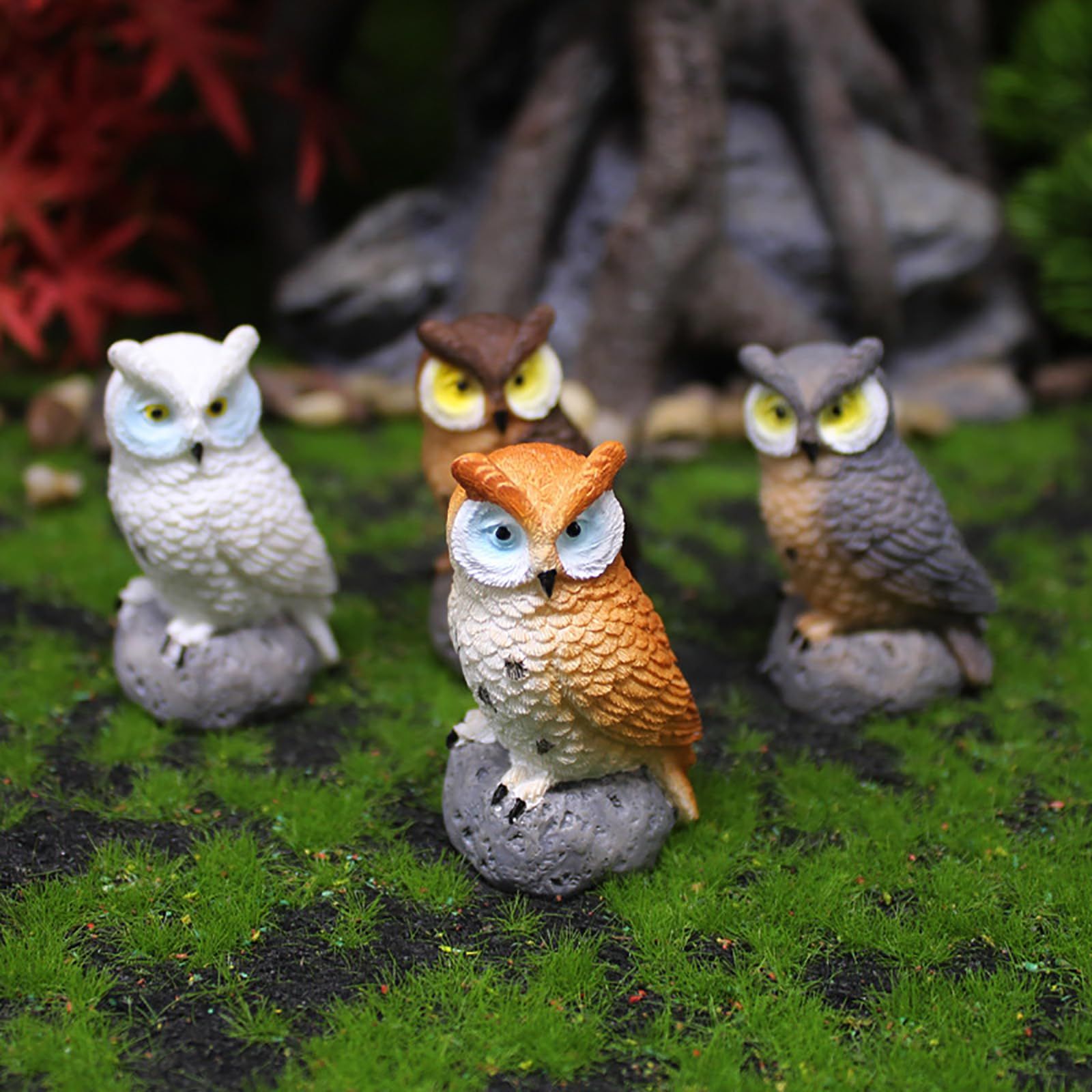 Mini Owl Statue 4Pcs Bird Scarecrow Fake Owl Decoy Sculpture Fairy Garden Accessories Supplies Micro Landscape Plant Pots