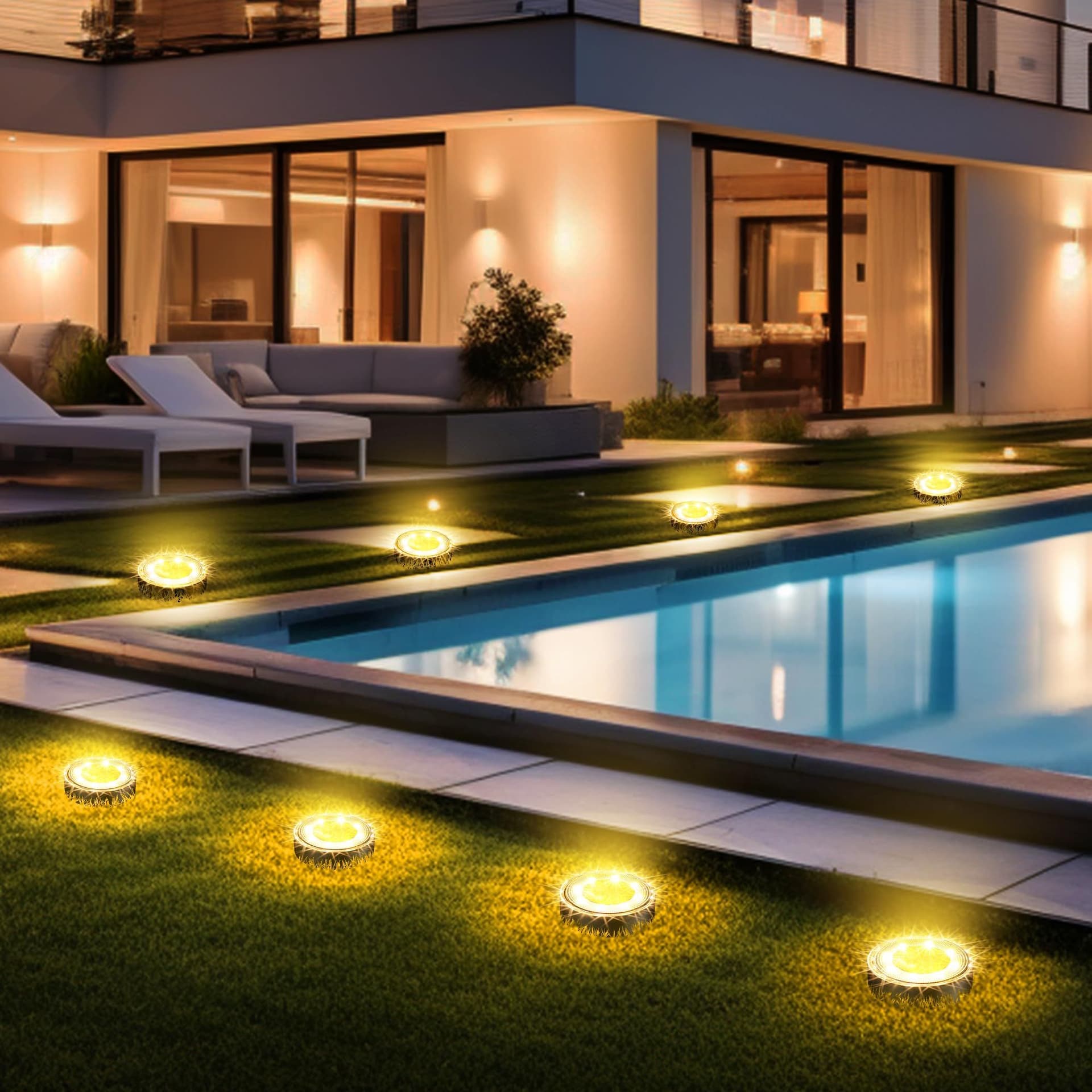 Solar Ground Lights 10 Pack 8 LED IP68 Waterproof In-Ground Landscape Lighting Warm White