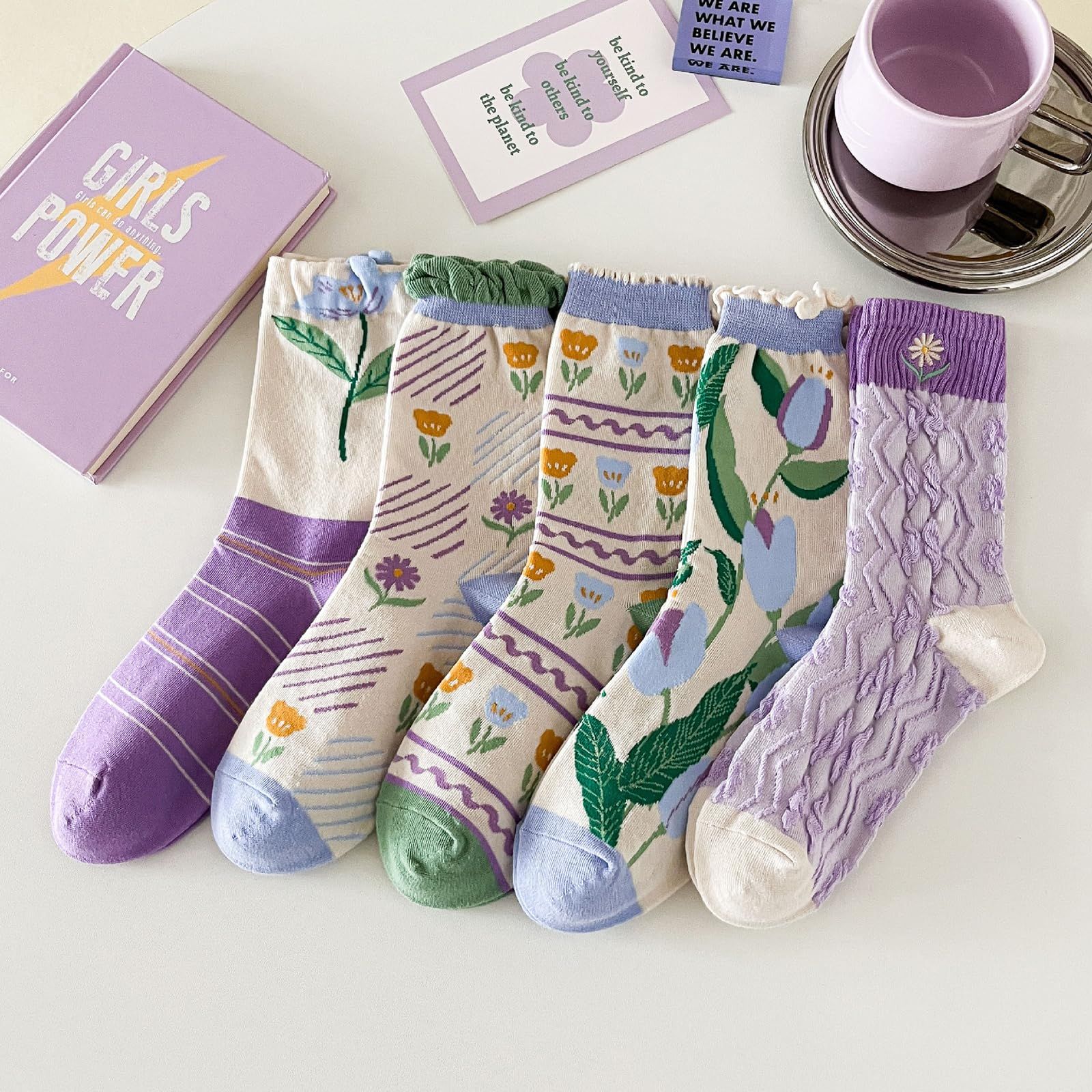 5 Pairs Womens Vintage Floral Cotton Socks Novelty Patterned Dress Socks Ladies Embroidered Casual Crew Ankle Socks