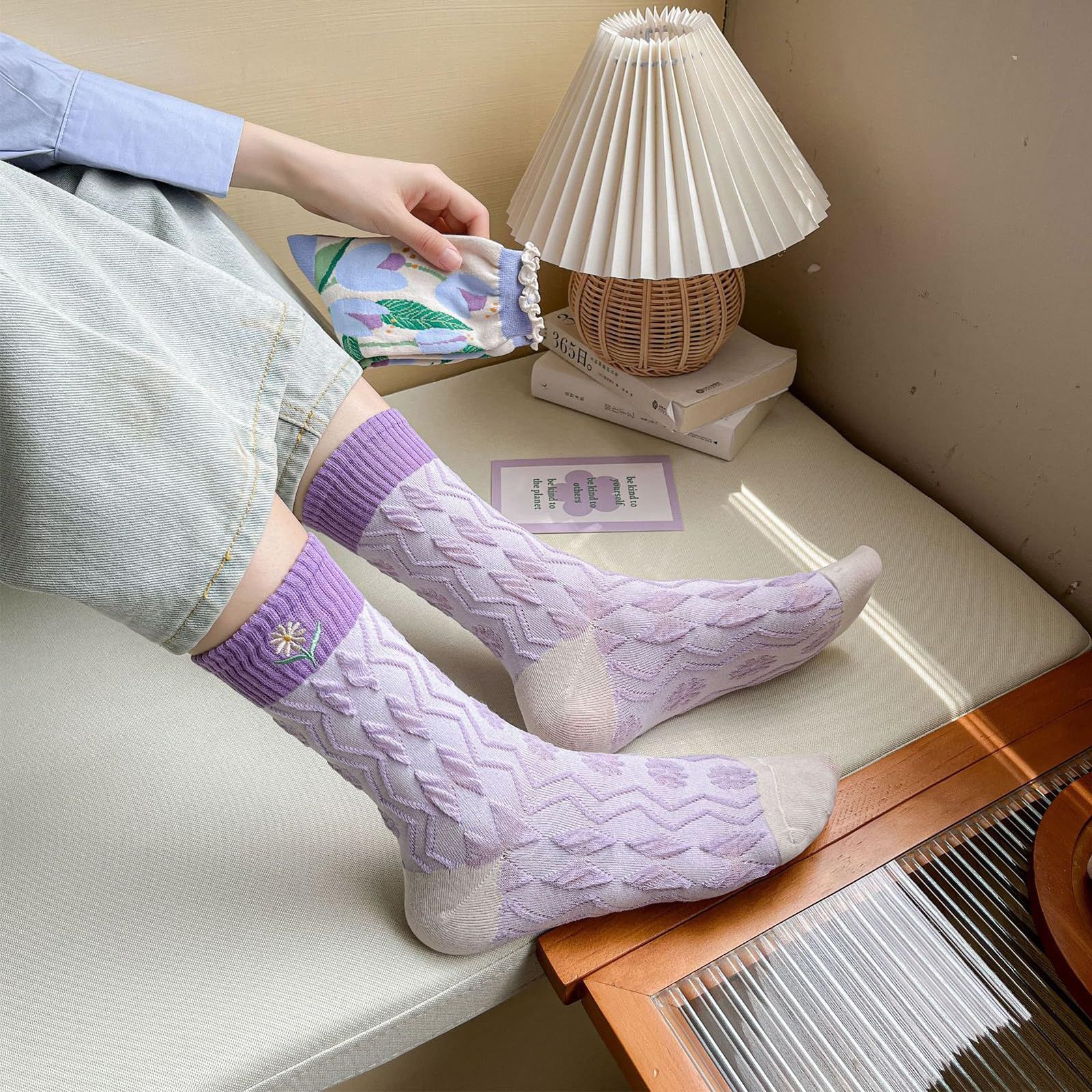 5 Pairs Womens Vintage Floral Cotton Socks Novelty Patterned Dress Socks Ladies Embroidered Casual Crew Ankle Socks