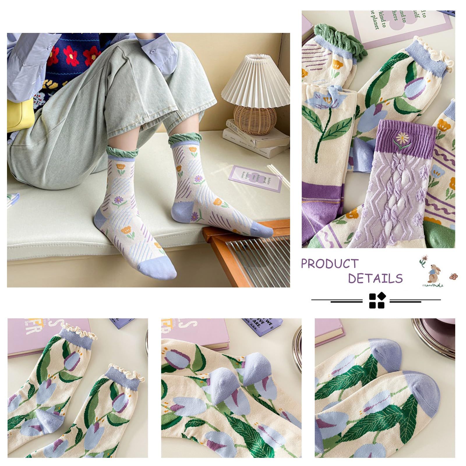 5 Pairs Womens Vintage Floral Cotton Socks Novelty Patterned Dress Socks Ladies Embroidered Casual Crew Ankle Socks