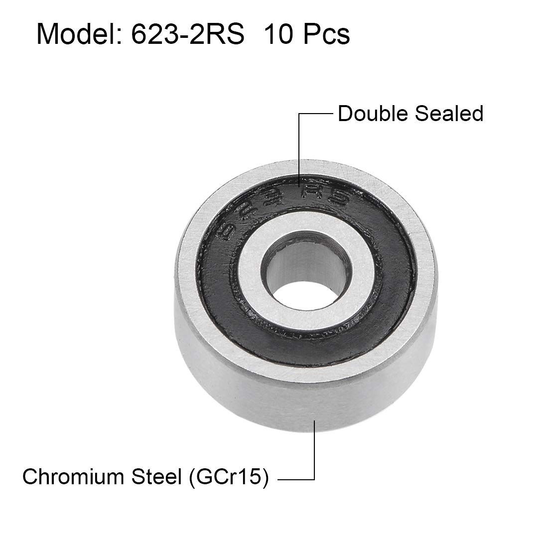 623-2RS Deep Groove Ball Bearings 3mm x 10mm x 4mm Double Sealed Chrome Steel P6(ABEC3) 10pcs high load capacity, wear resistance
