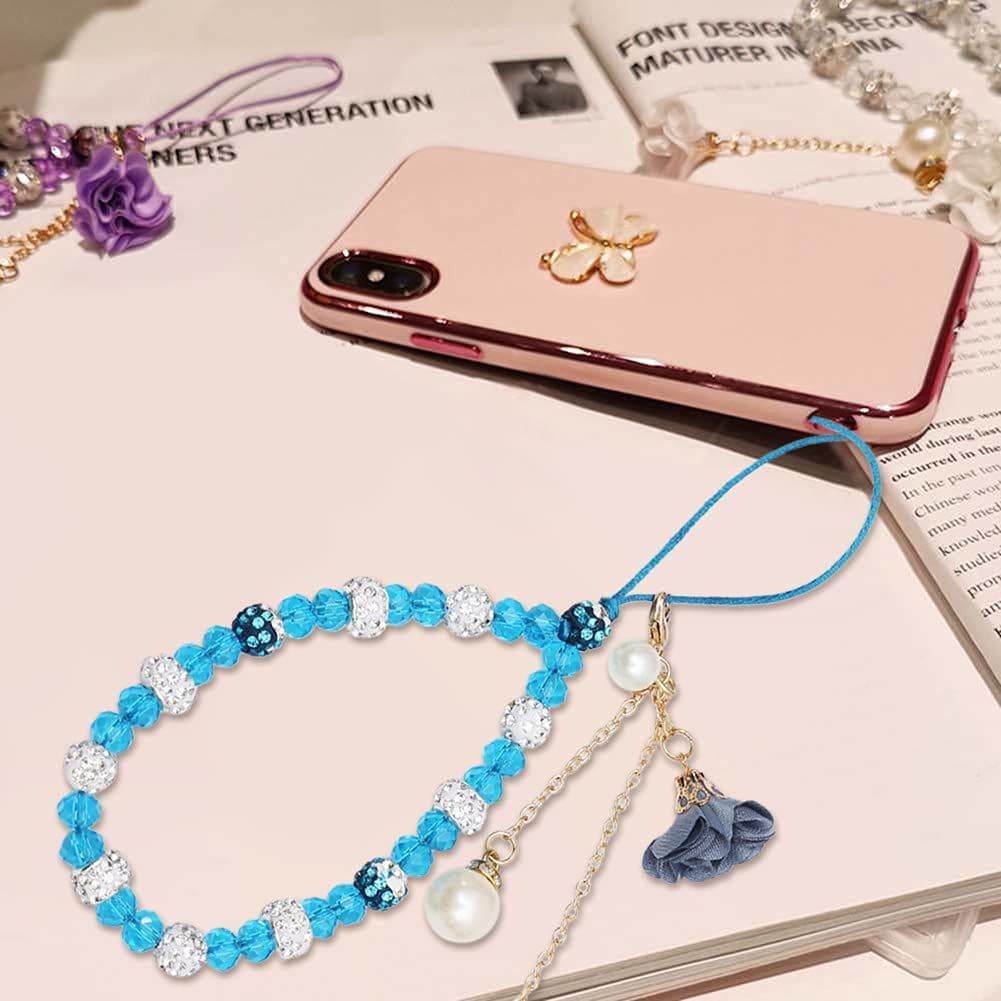 Cell Phone Straps Crystal Flower Charm Phone Lanyard Pocket Keychain Strap Key Purse Decoration for Woman