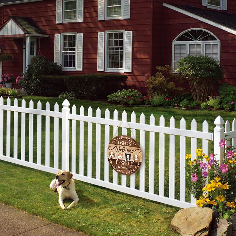 Funny Welcome Front Door Dog Pet Sign, Farmhouse Adorable Cartoon Dog Door Decoration, Dogs Welcome People Tolerated Sign Hanging