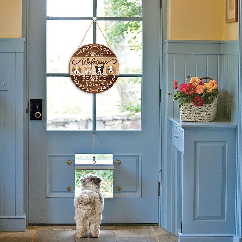 Funny Welcome Front Door Dog Pet Sign, Farmhouse Adorable Cartoon Dog Door Decoration, Dogs Welcome People Tolerated Sign Hanging