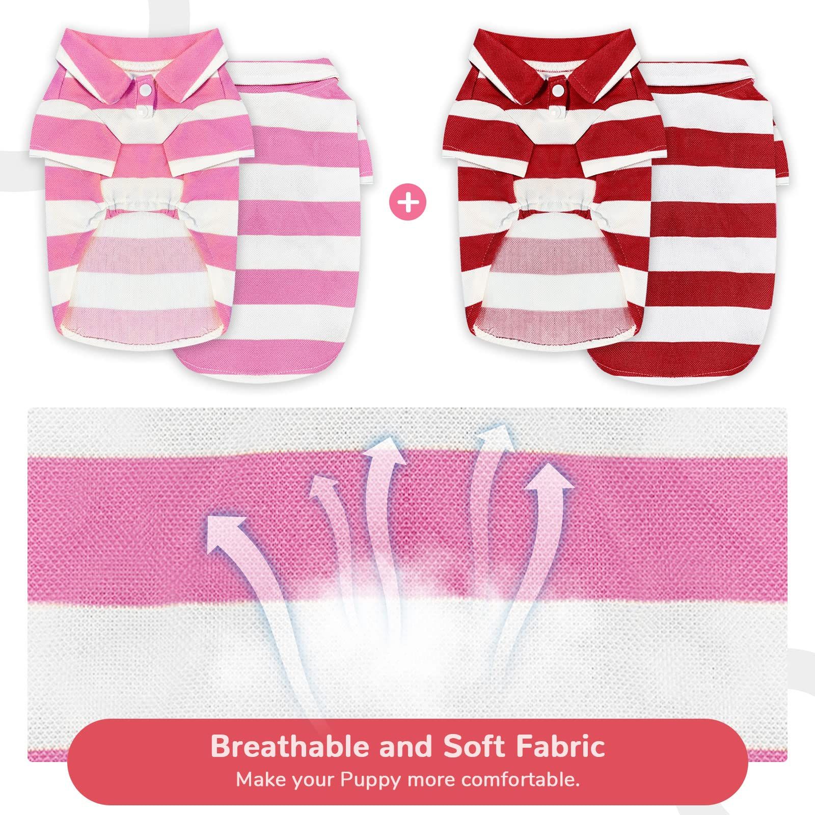 2 Pieces Stripe Dog Shirts Breathable T-Shirts for Small Dogs Cats Girl Boy Puppy Sweatshirt for Poodle Teacup （Pink+Red,Medium）