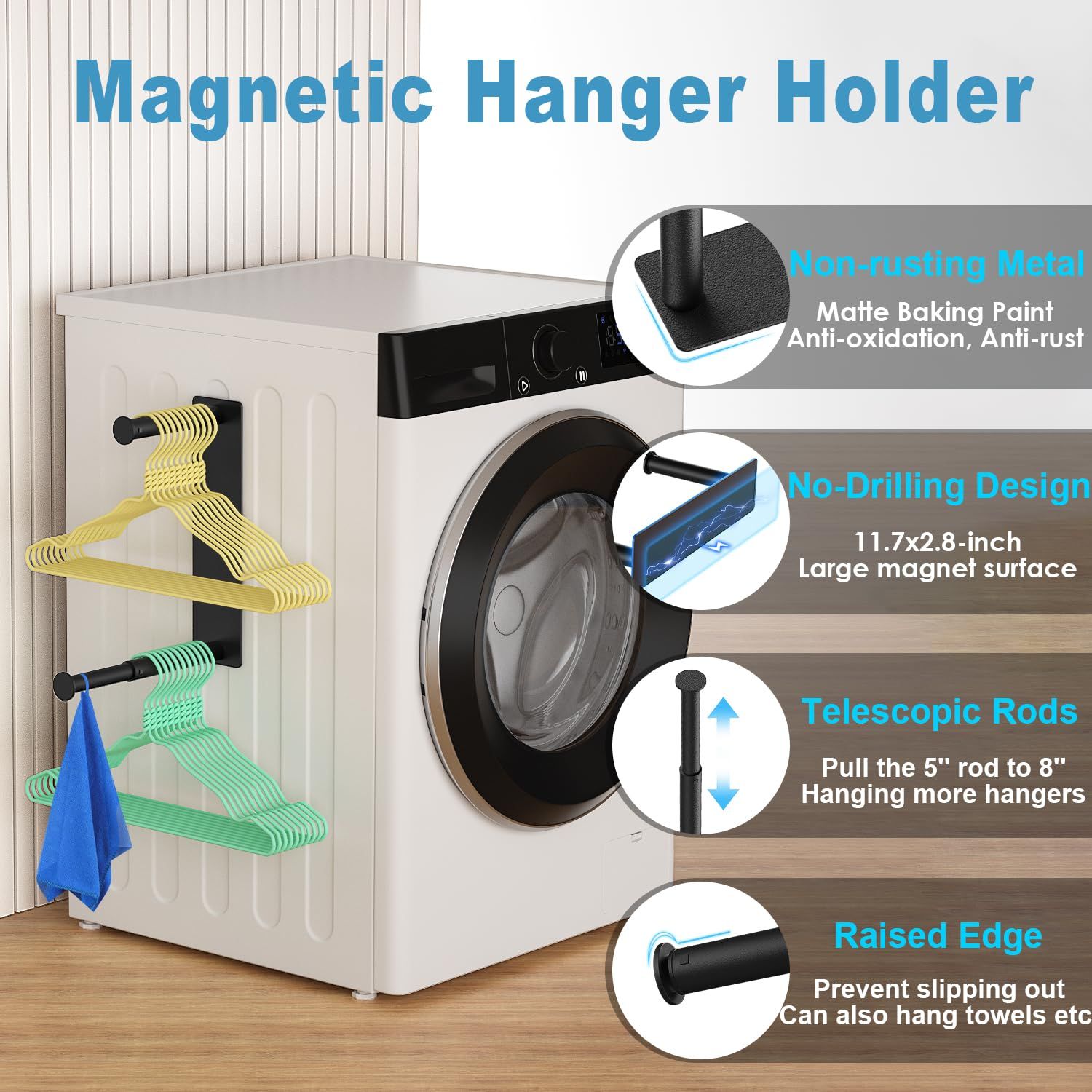 Hanger Organizer Stacker, Magnetic Hanger Holder, Upgrade Extendable Hanger Storage Rack for Washing Machine Closet Laundry
