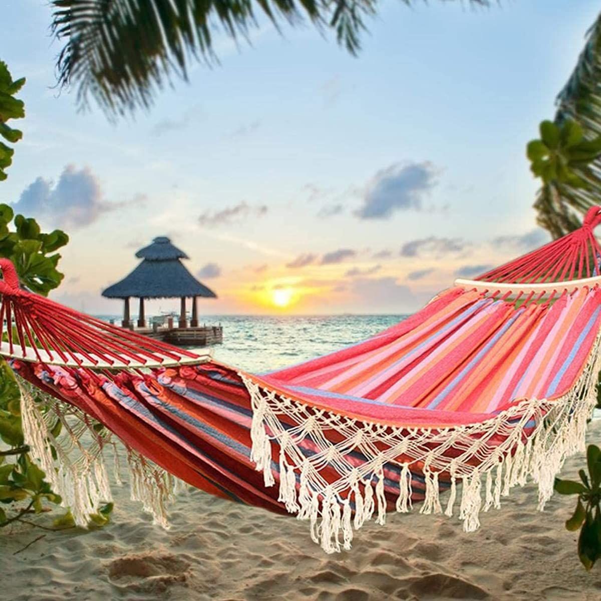 Living Room Hammock with Tassels, Outdoor Folding Camping Hammock for Garden, Patio, (Striped Multi-Color 59"x79")