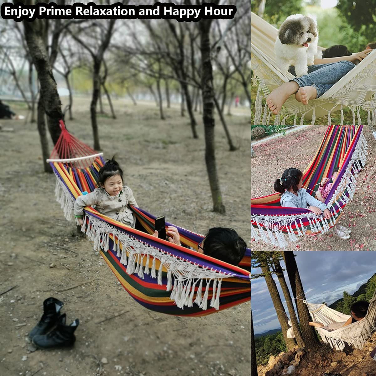Living Room Hammock with Tassels, Outdoor Folding Camping Hammock for Garden, Patio, (Striped Multi-Color 59"x79")