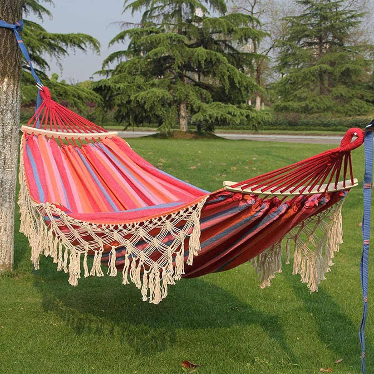 Living Room Hammock with Tassels, Outdoor Folding Camping Hammock for Garden, Patio, (Striped Multi-Color 59"x79")