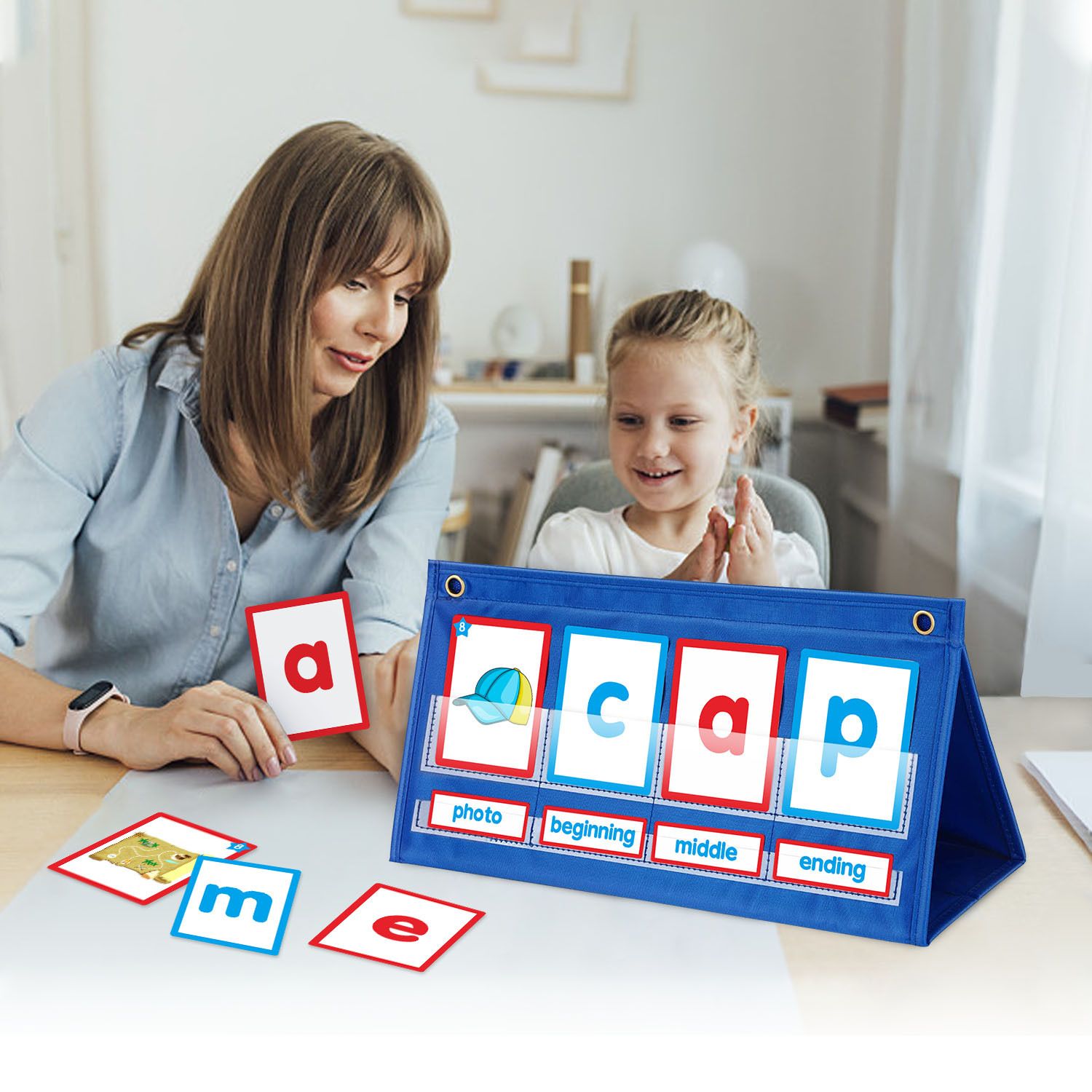 Desktop Pocket Chart CVC Word Spelling Games Literacy Learning Cards, Fine Motor Montessori Educational Toy for Kids