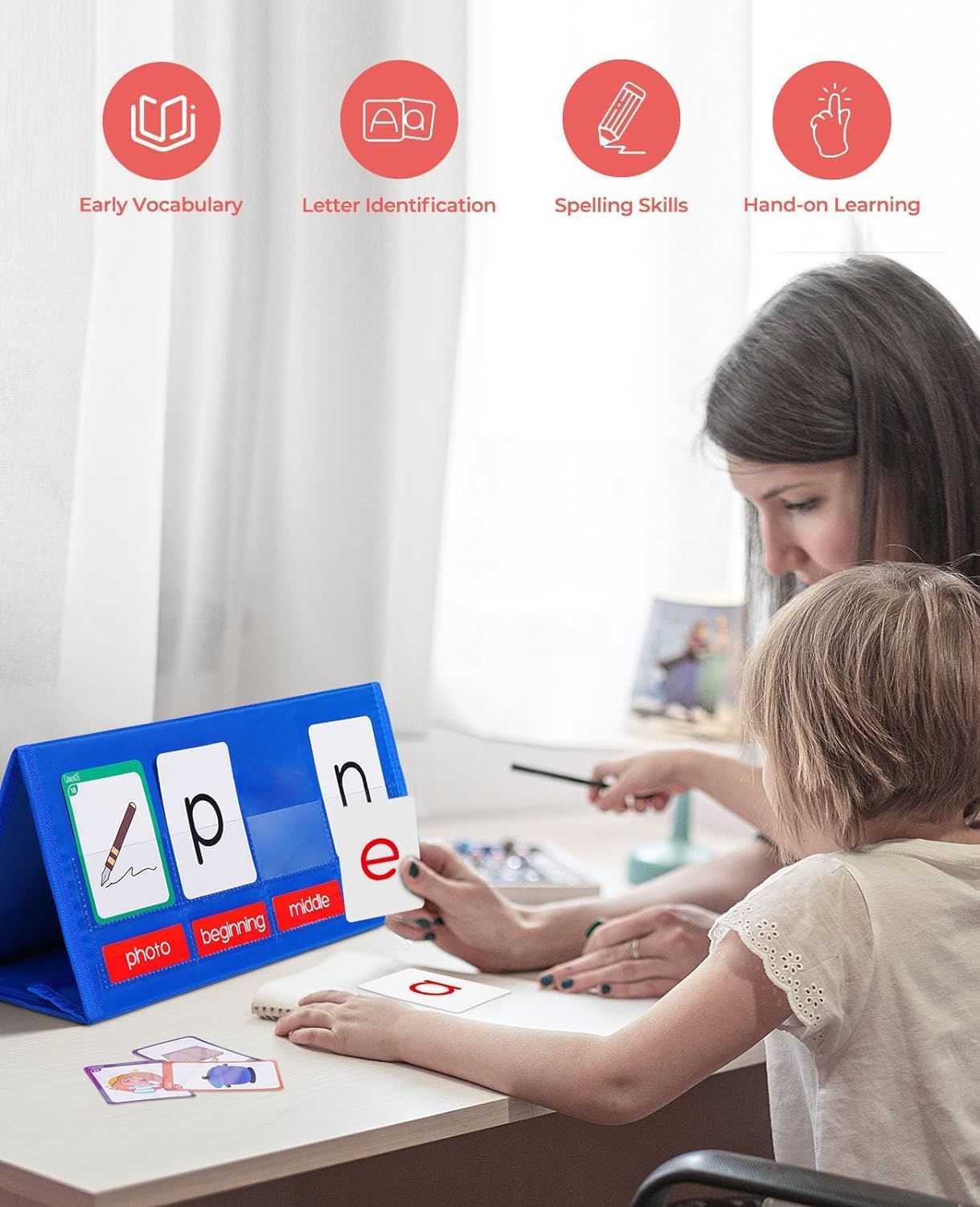 Desktop Pocket Chart CVC Word Spelling Games Literacy Learning Cards, Fine Motor Montessori Educational Toy for Kids