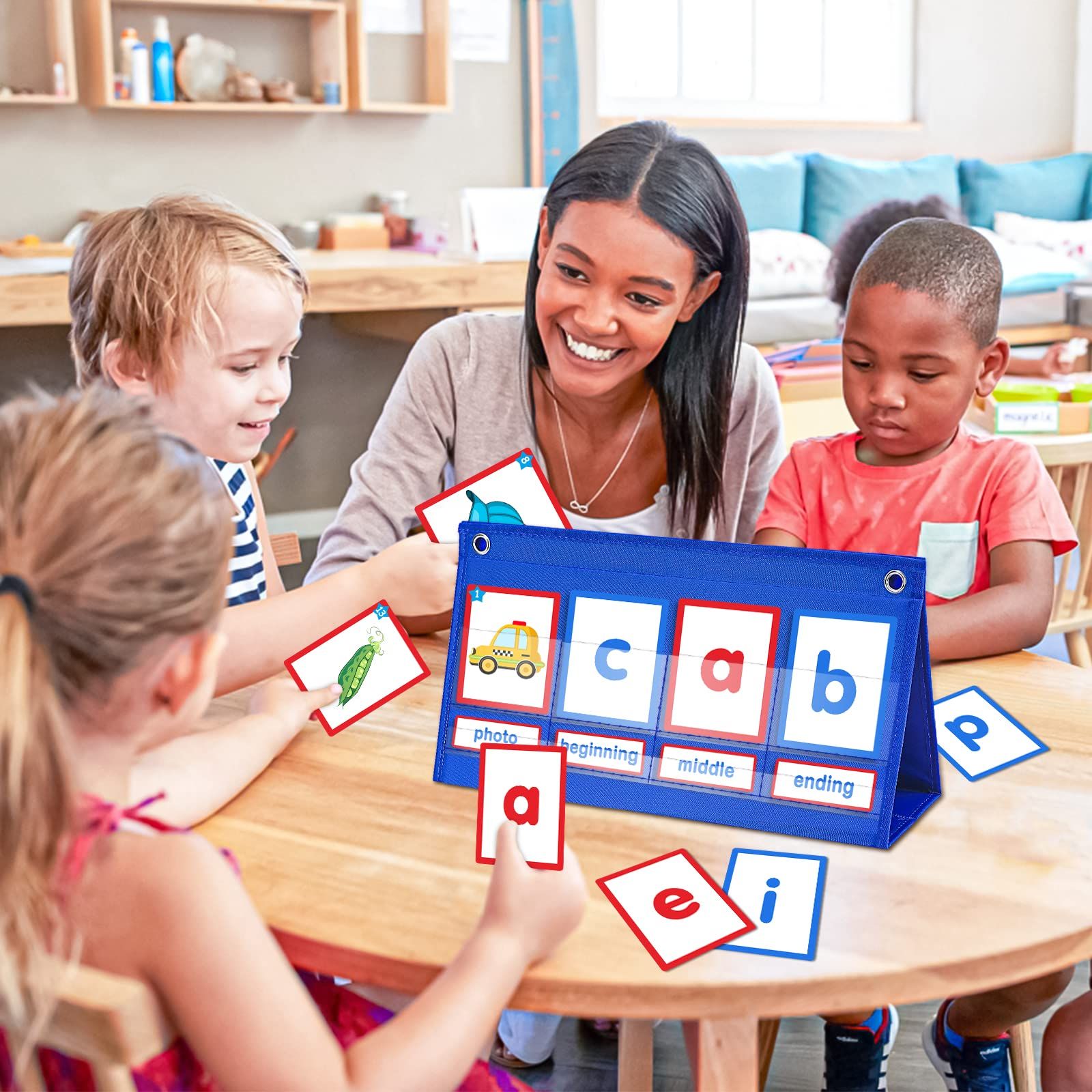 Desktop Pocket Chart CVC Word Spelling Games Literacy Learning Cards, Fine Motor Montessori Educational Toy for Kids