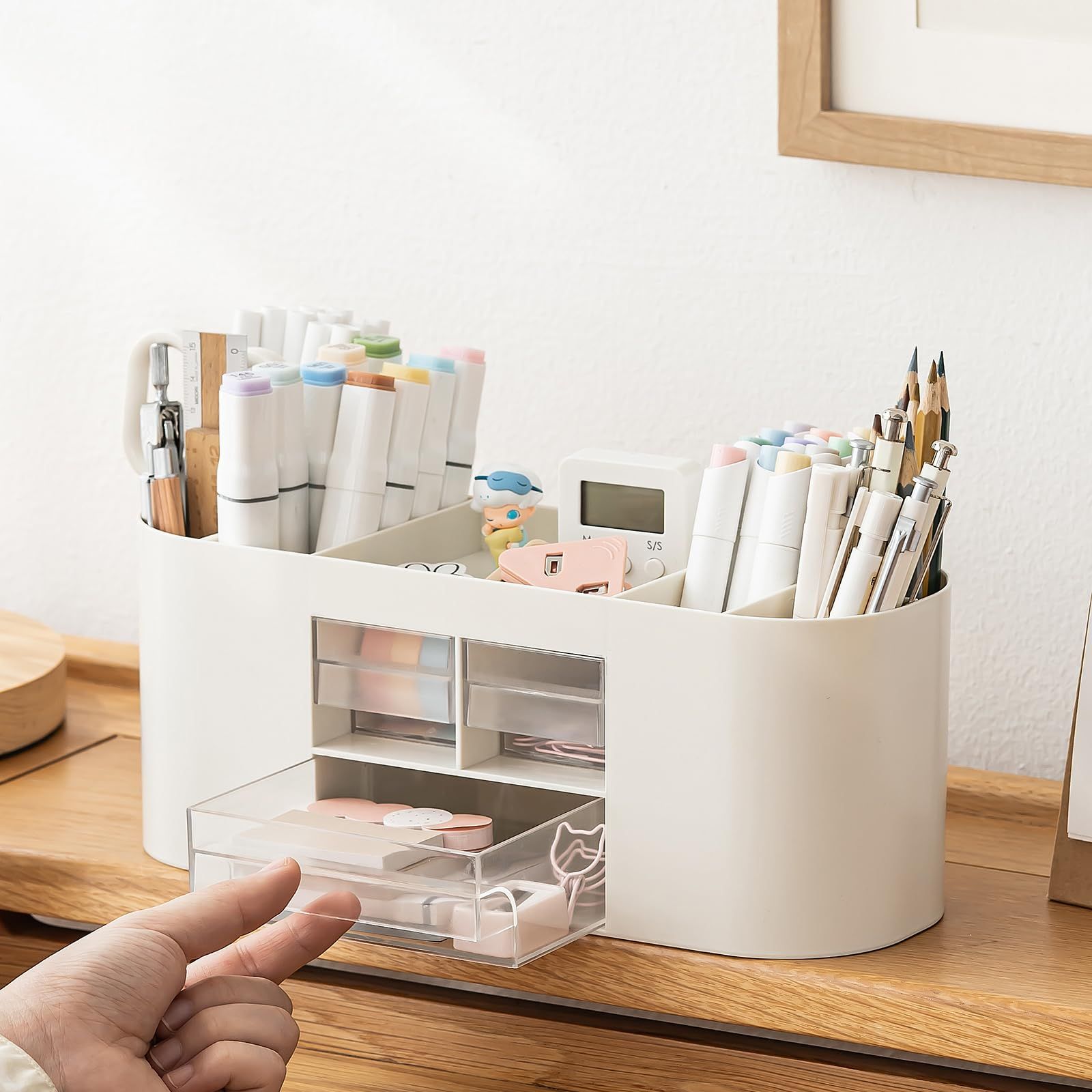 Pencil Pen Holder for Desk with 3 Drawers - All-In-One Desk Organizer - Perfect Desk Accessories for Office Use - (Beige)