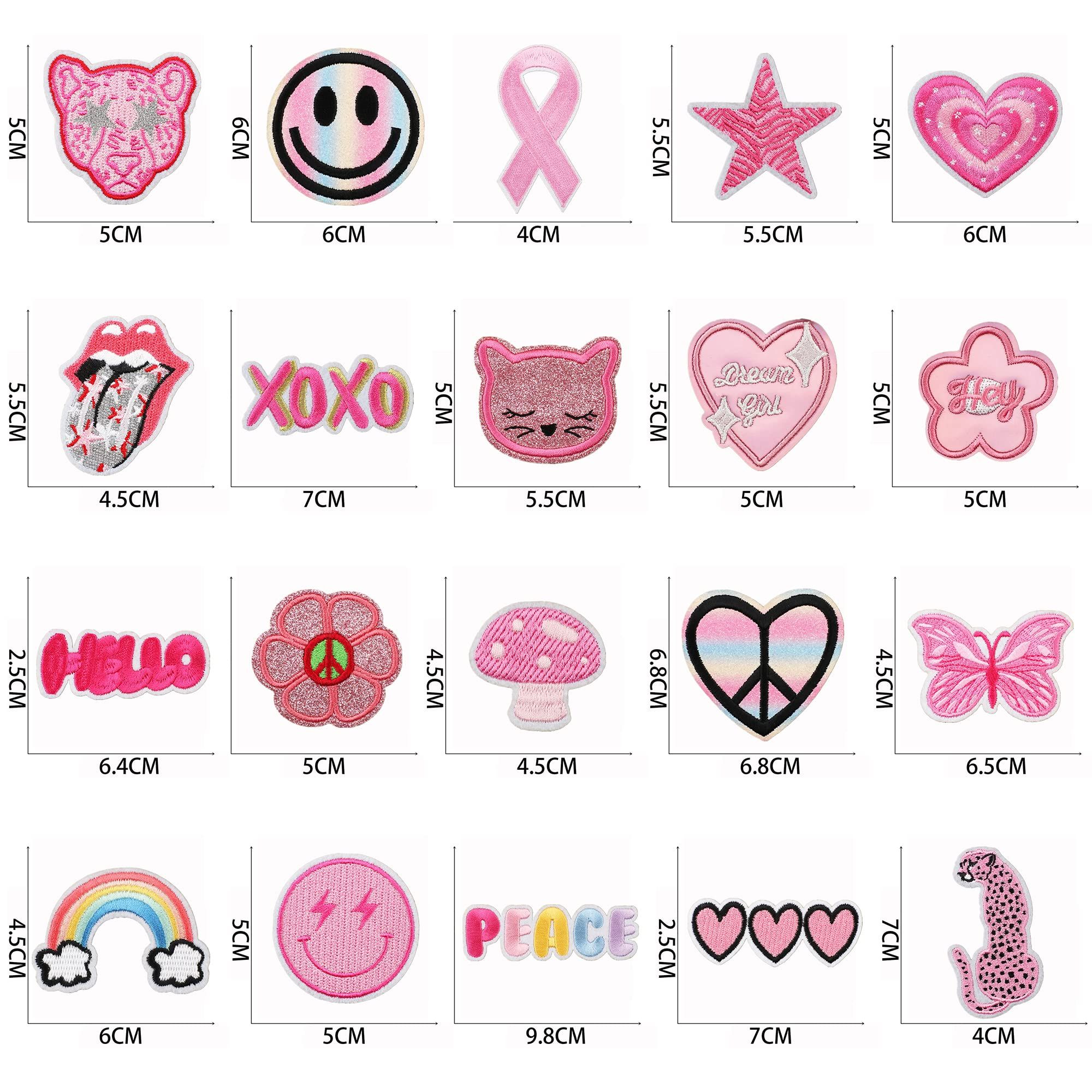 20 Pieces Pink Embroidered On Patches DIY Accessories, Bright Colors Cute Iron On Patch Applique for Clothes, Jeans, Bag, Backpack