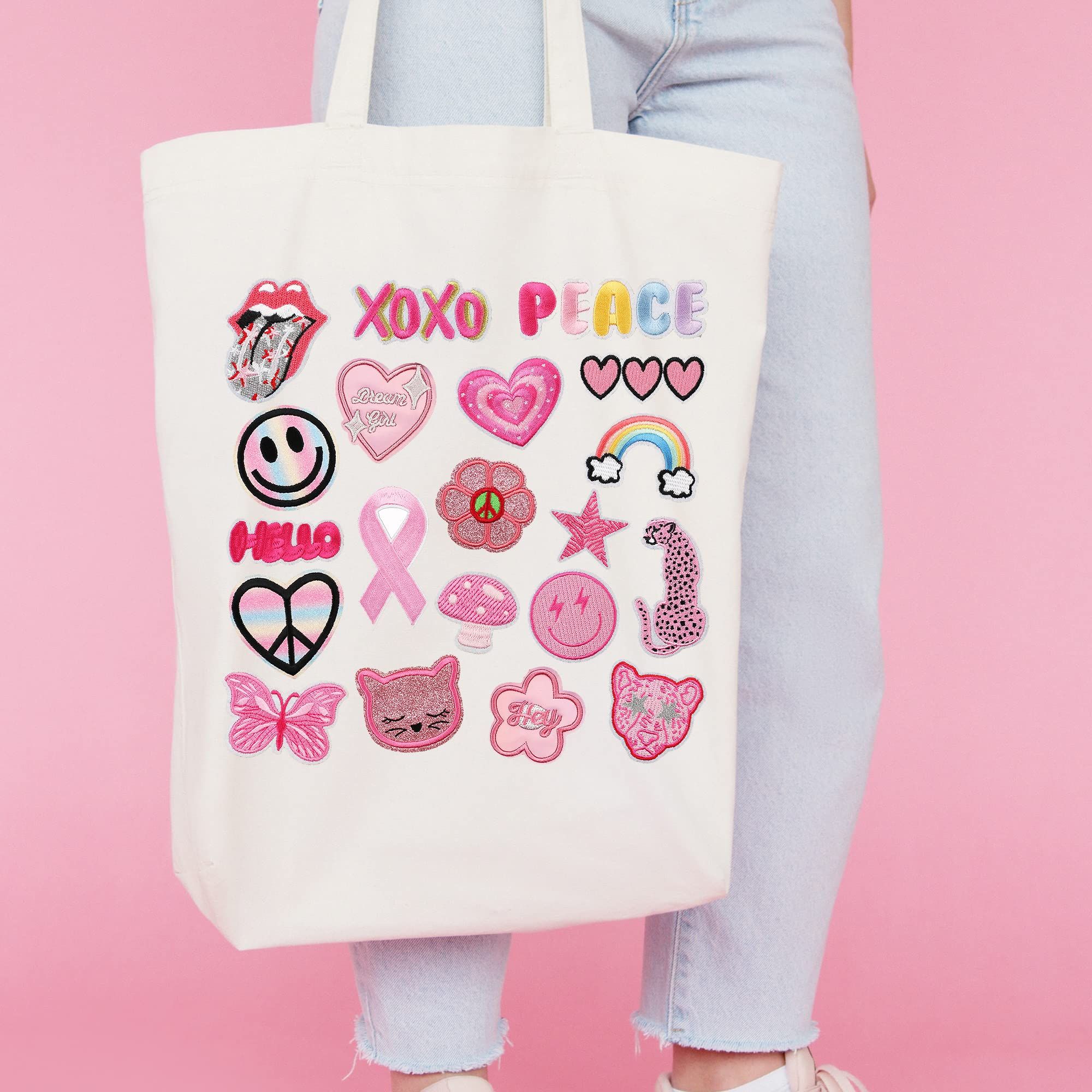 20 Pieces Pink Embroidered On Patches DIY Accessories, Bright Colors Cute Iron On Patch Applique for Clothes, Jeans, Bag, Backpack