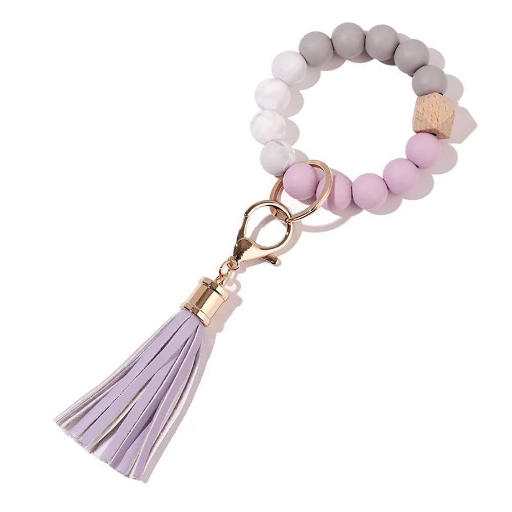 Keychain Bracelet Wristlet, Silicone Beaded Key Ring Bracelet with Card Wallet, Elastic Keyring Bangle for Womens