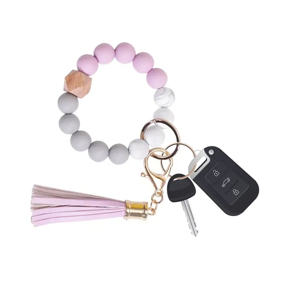 Keychain Bracelet Wristlet, Silicone Beaded Key Ring Bracelet with Card Wallet, Elastic Keyring Bangle for Womens