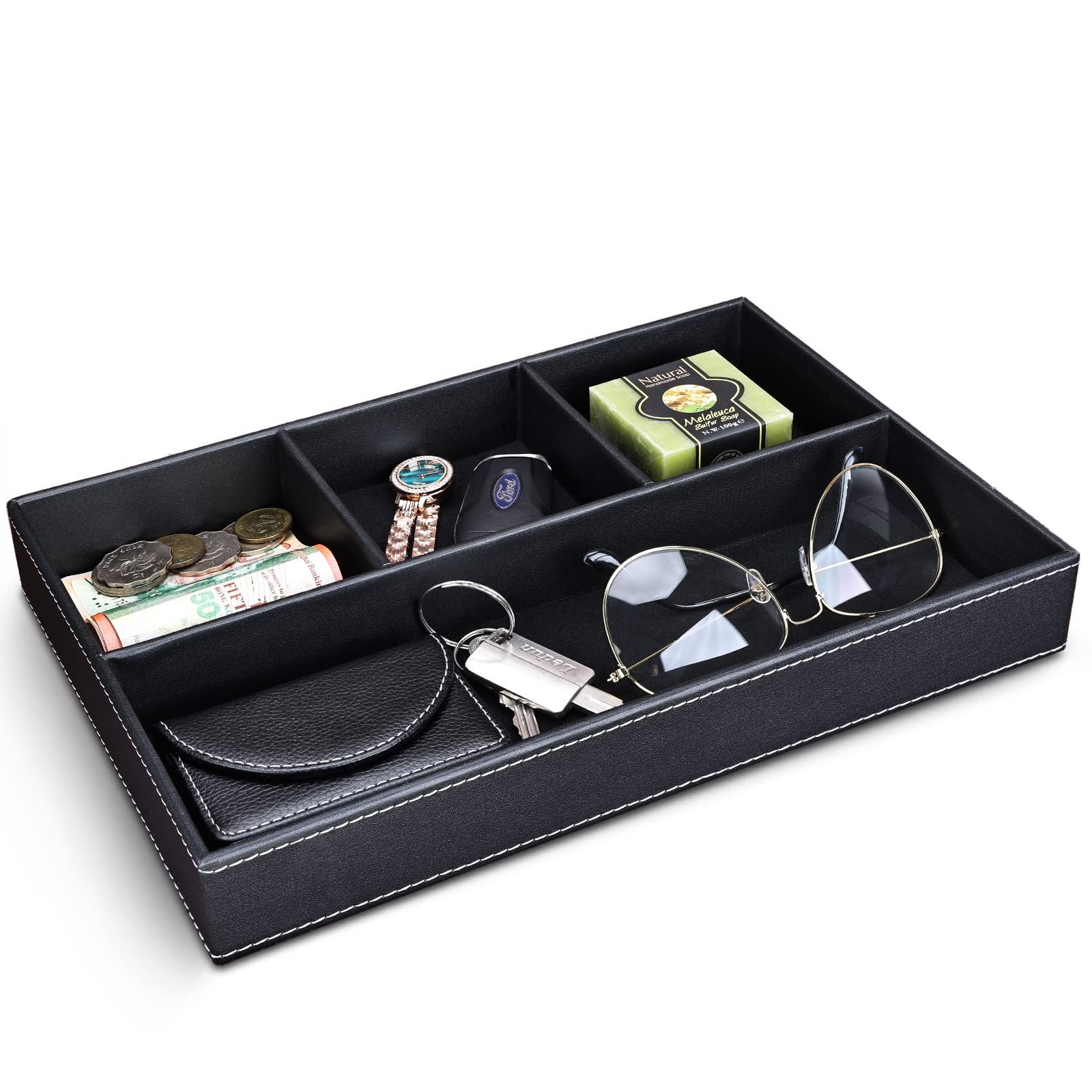 Faux Leather Valet Tray for Men, Stackable Jewelry Trays Drawer Organizer Tray Nightstand Organizer for Men