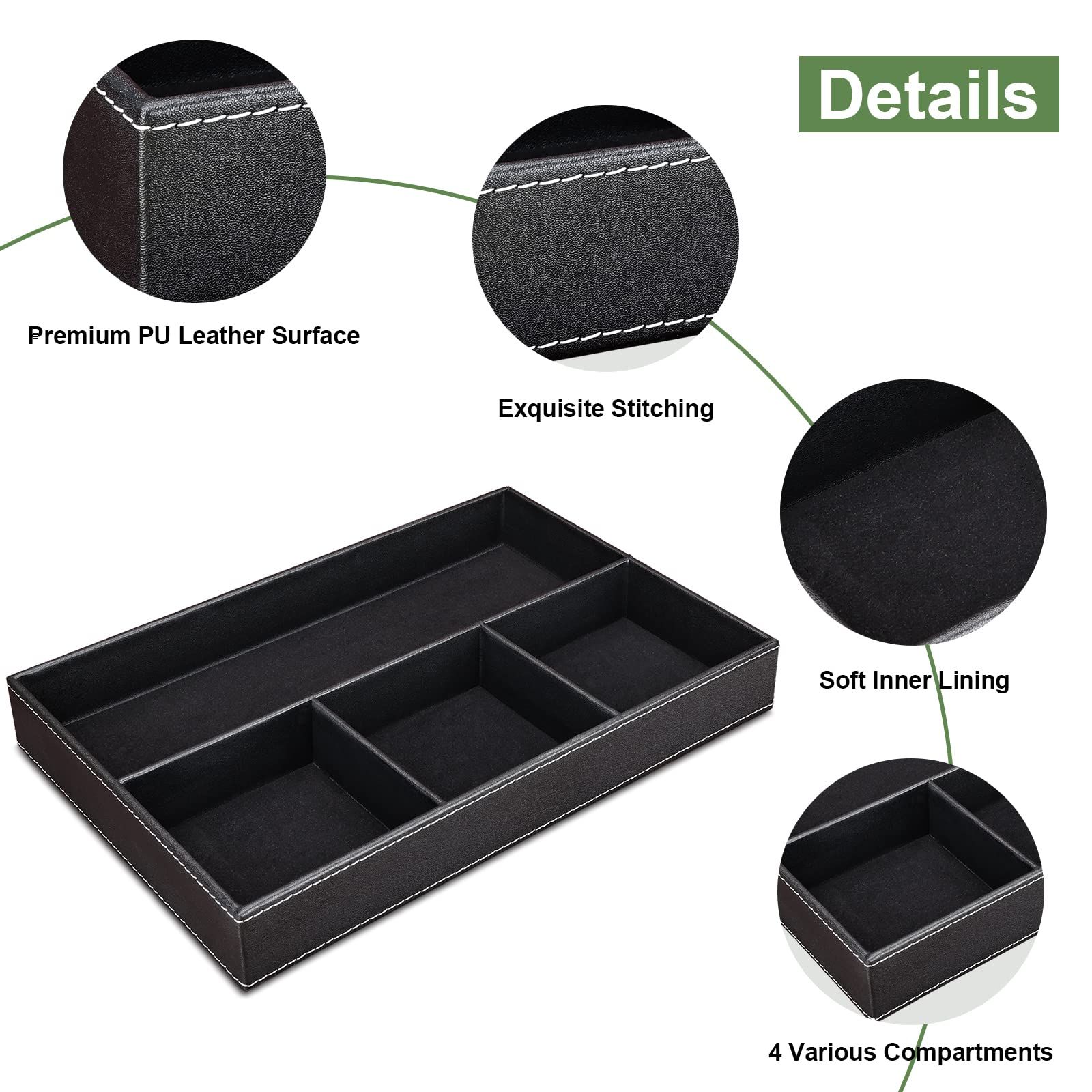 Faux Leather Valet Tray for Men, Stackable Jewelry Trays Drawer Organizer Tray Nightstand Organizer for Men