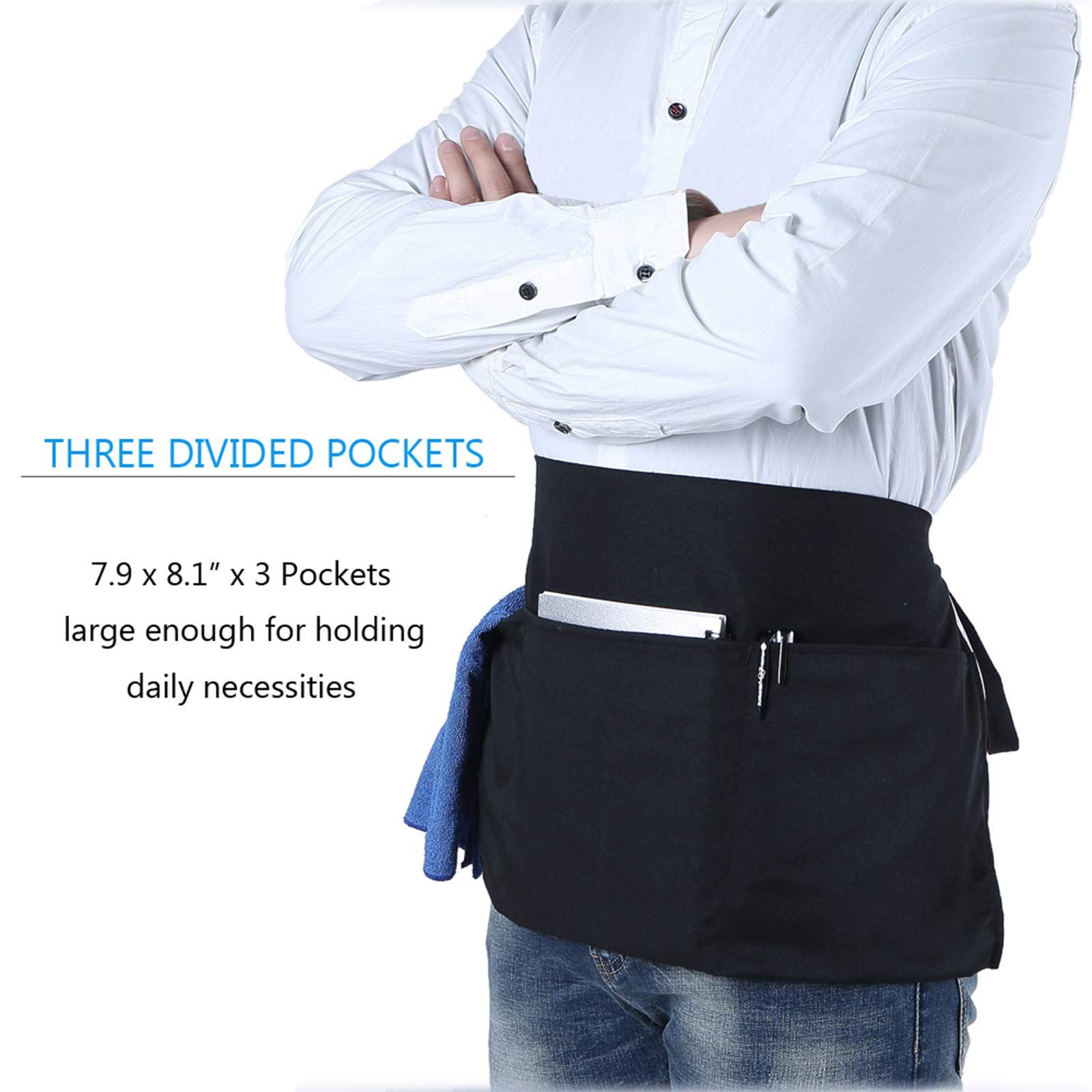 Cotton Server Apron with Pockets and Chef Bandana , Waist Apron for Waitress and Waiters, Half Apron for Women