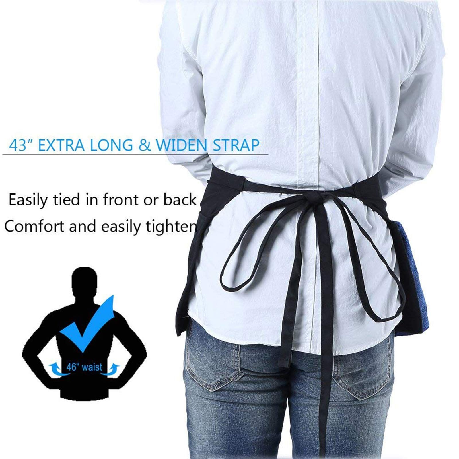 Cotton Server Apron with Pockets and Chef Bandana , Waist Apron for Waitress and Waiters, Half Apron for Women