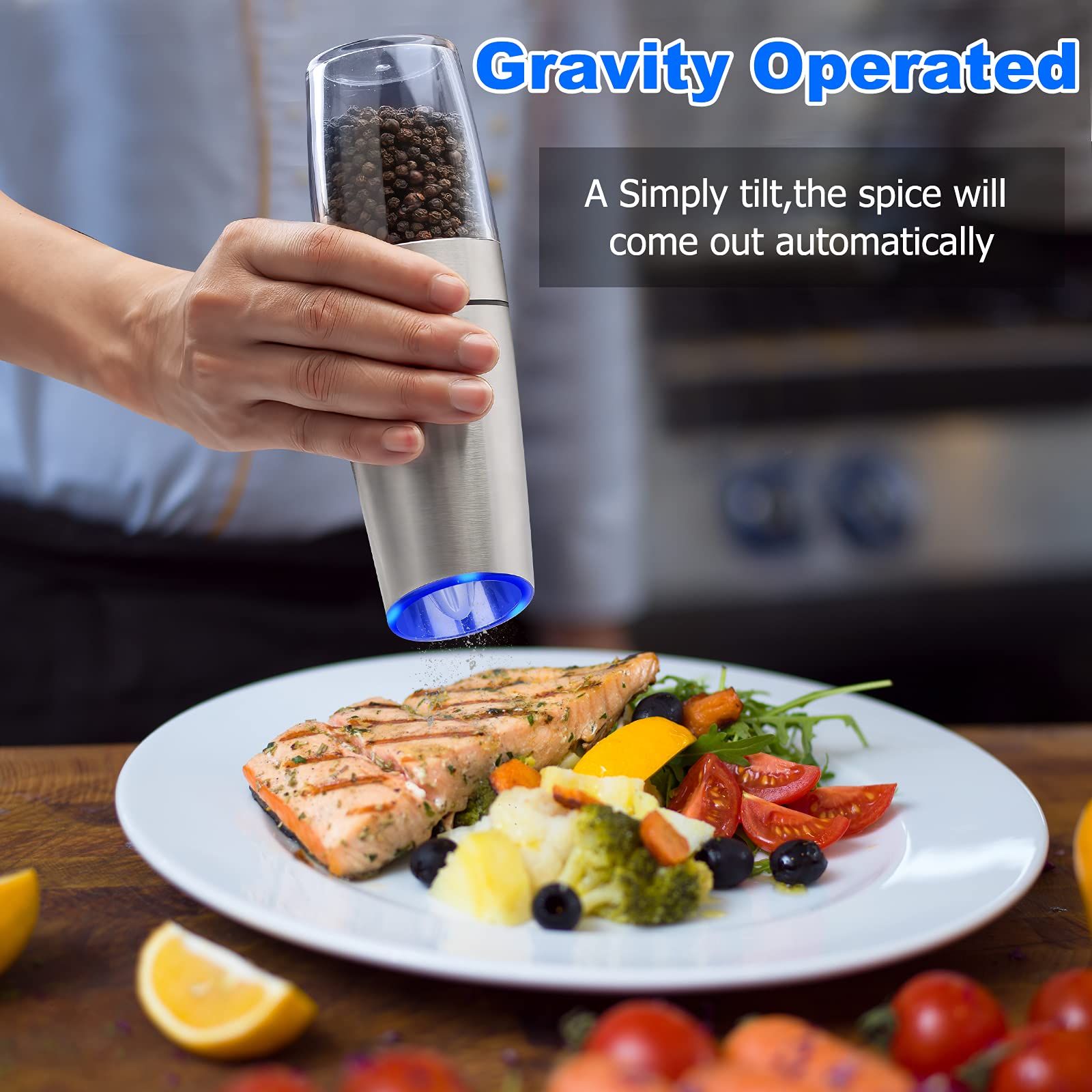 Salt and Pepper Grinder Electric Gravity Grinder, Refillable Automatic One-Hand Operated Mill Set with Adjustable 2 Pack
