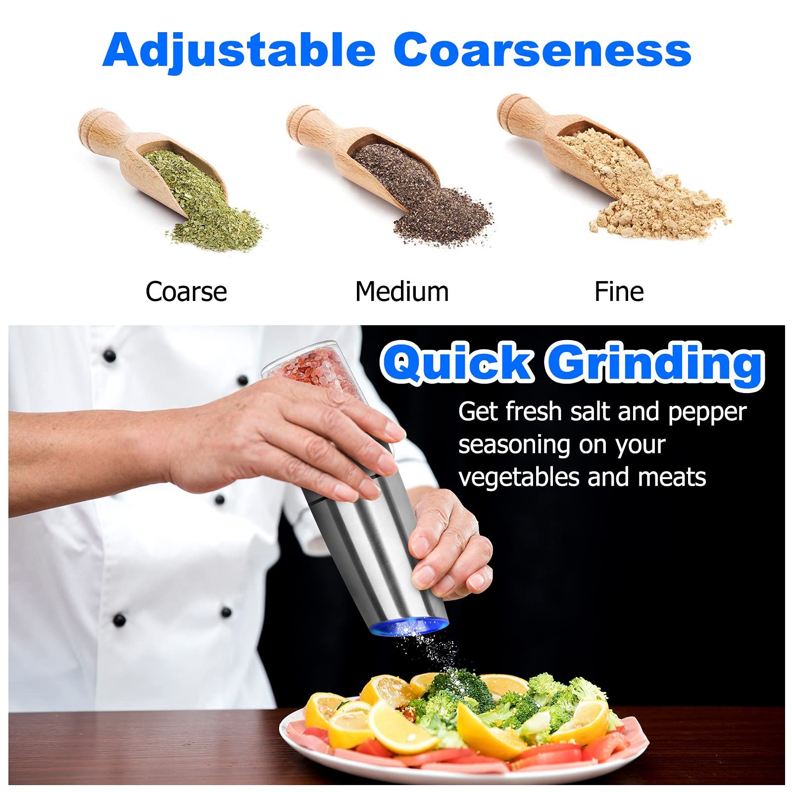 Salt and Pepper Grinder Electric Gravity Grinder, Refillable Automatic One-Hand Operated Mill Set with Adjustable 2 Pack
