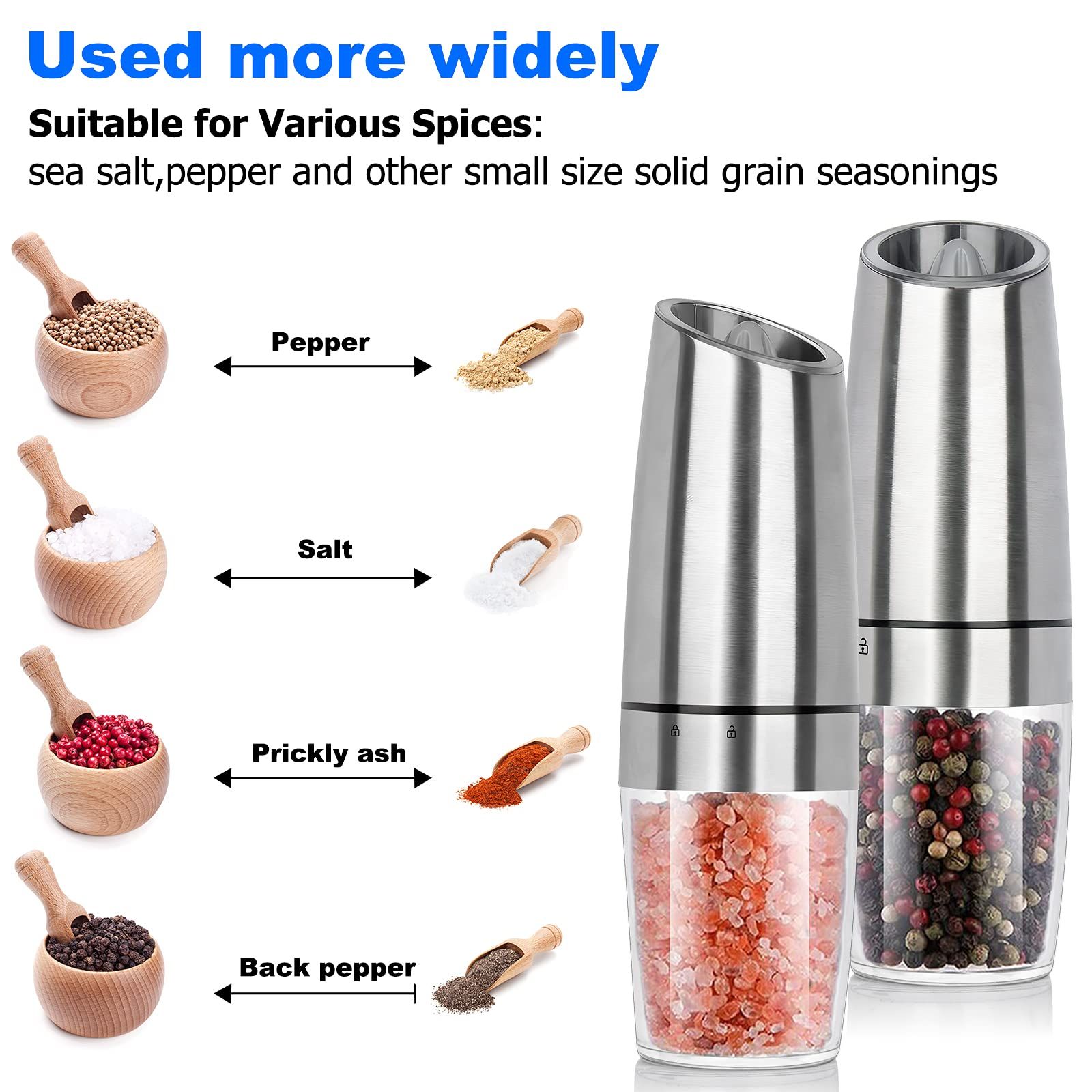 Salt and Pepper Grinder Electric Gravity Grinder, Refillable Automatic One-Hand Operated Mill Set with Adjustable 2 Pack