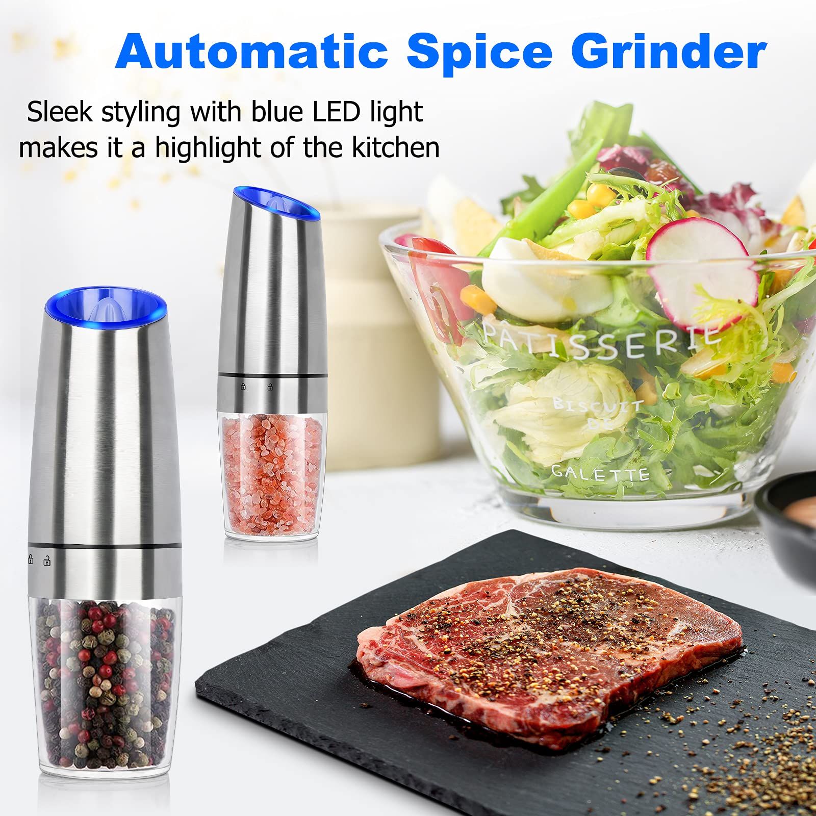 Salt and Pepper Grinder Electric Gravity Grinder, Refillable Automatic One-Hand Operated Mill Set with Adjustable 2 Pack