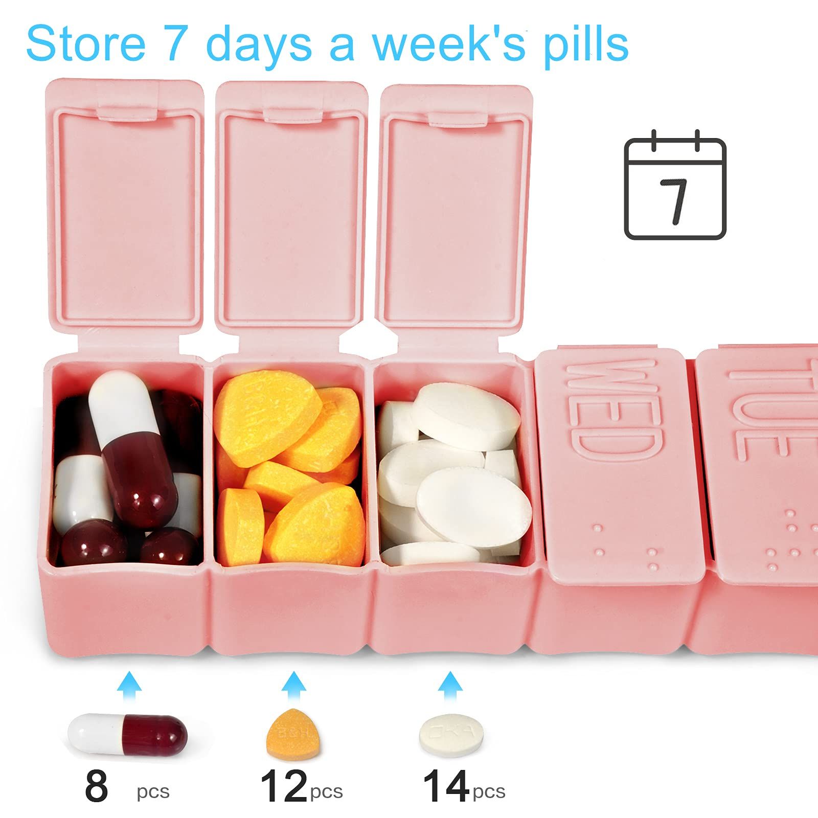 Pill Organizer-Pill Boxes for Travel, 7 Day with Braille Pill case Vitamins Fish Oil Supplements, Medication Organizer
