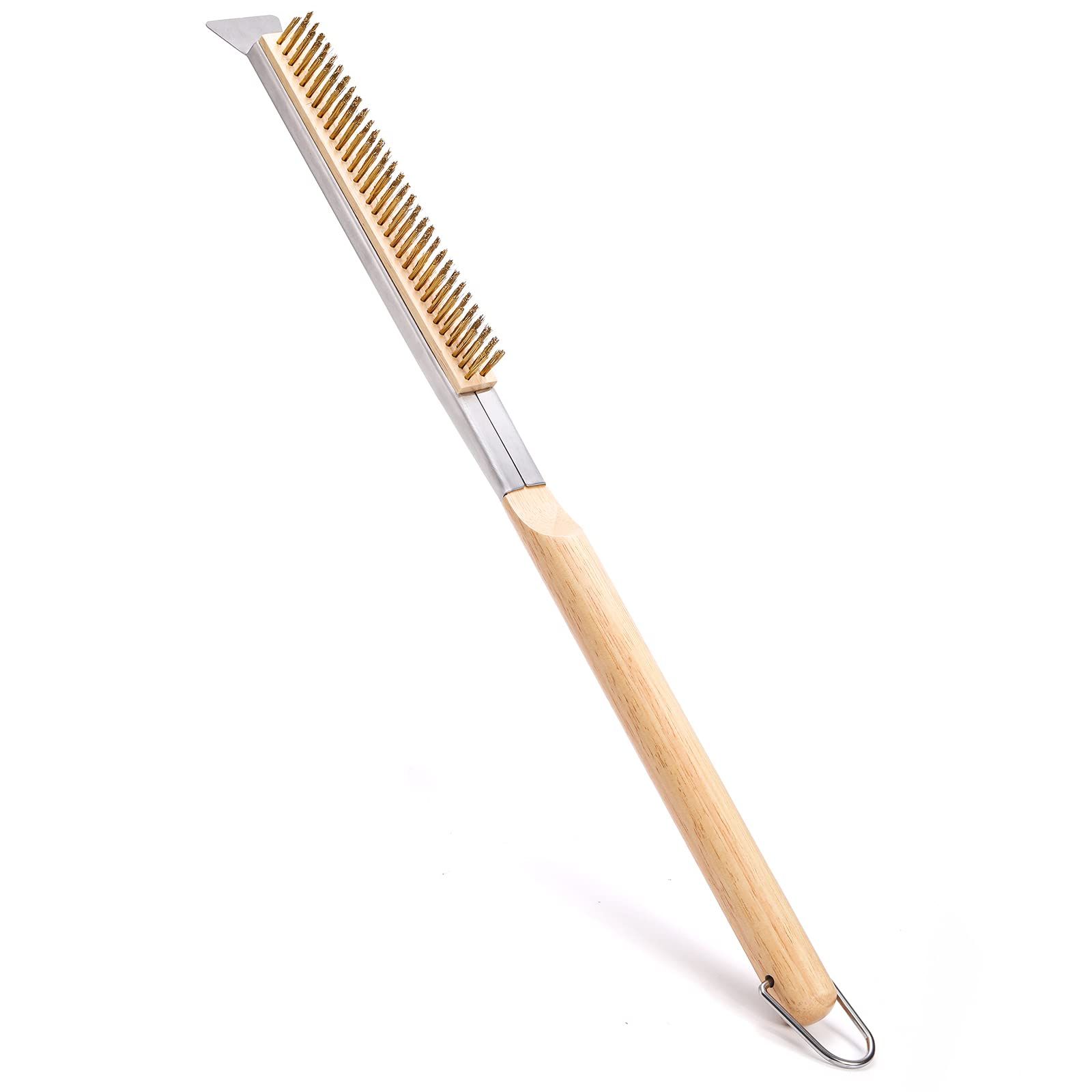 21 Inch Pizza Oven Brush with Scraper, Brass Bristles for Pizza Oven, Copper Wire Pizza Stone Cleaning Brush for BBQ