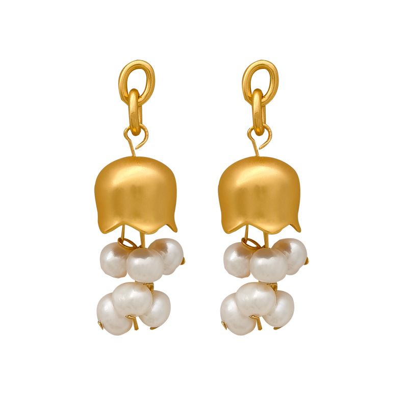 French style retro natural freshwater pearl bell orchid earrings with a sense of luxury, fashionable temperament, and long earrings