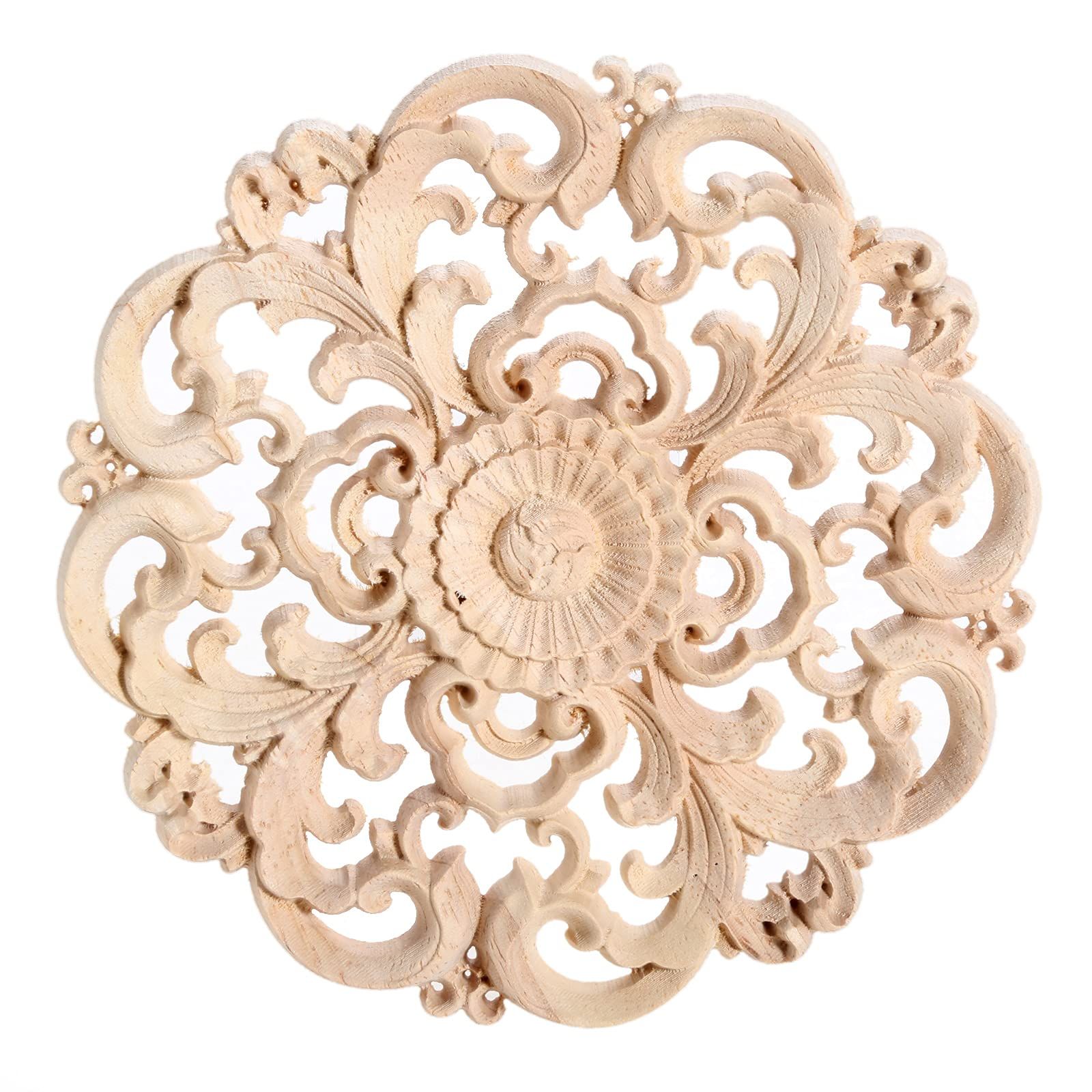 Round Wood Appliques Onlays, 1-Pack Unpainted Wooden Carved Flower Carvings Decals for Wall Cupboard Mirror Mantel Door Bed