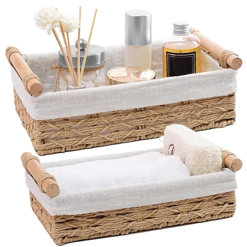Storage Basket, Wicker Baskets for Organizing with Handle, Decorative Bins for Countertop, Toilet Paper Basket for(Set of 2,Beige)