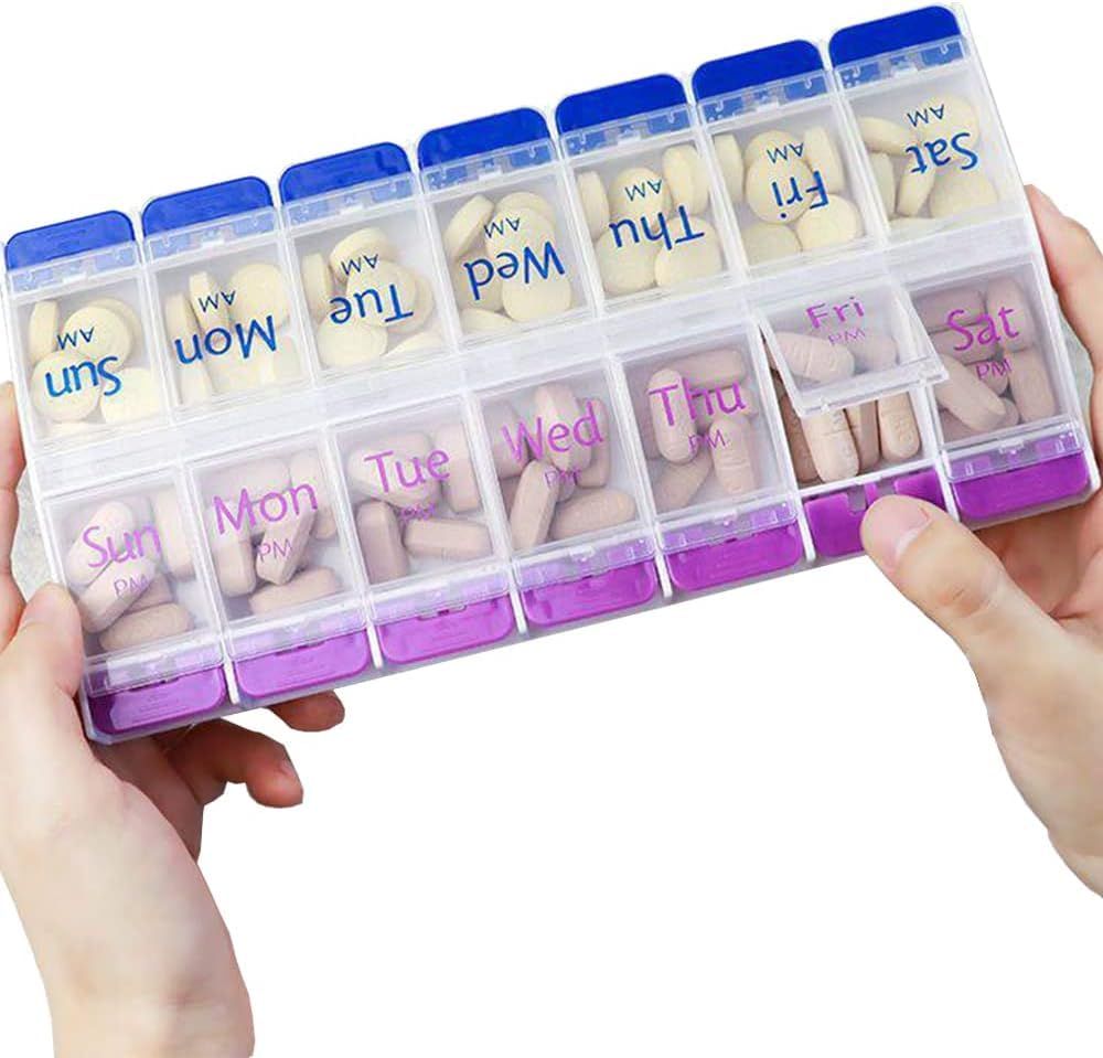 Weekly Pill Organizer with Opening Push Button, Pill Box 7 Day 2 Times a Day, Weekly Tablet Organizer 7 Day AM and PM