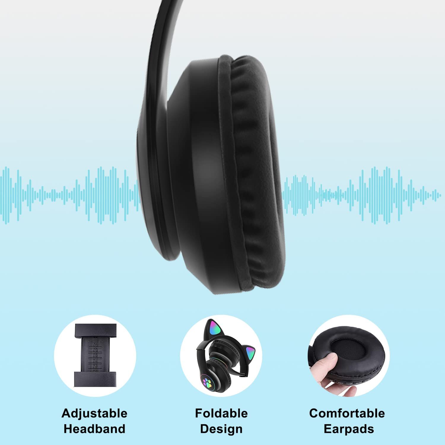 Children's headphones with microphone LED light, cat ear Bluetooth headphones, foldable stereo ear hanging headphones