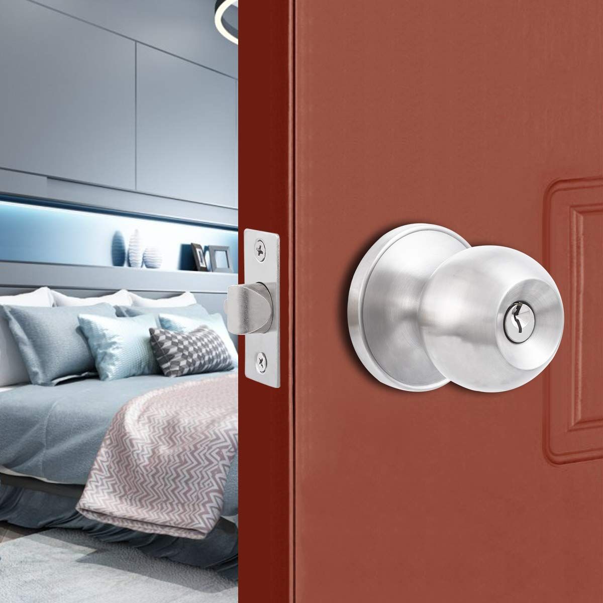 Stainless Steel Ball Privacy Door Knob ,Interior Door Knobs with Lock and 3 Keys,Lock The Door with The Key,for Bedroom Bathroom
