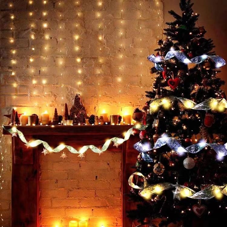 Easter Lights String Decorations Gold String Lights 26ft (2x13ft) 80 LED Lights with Wire Ribbon Bows Lights （gold and silver）
