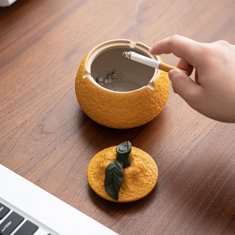 Orange Ashtray Windproof Dustproof Household Desk Tea Table Office Large Capacity Modern Minimalist Style Ceramic Material Orange