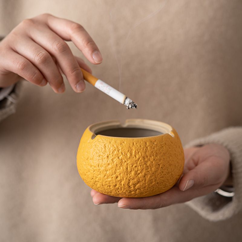 Orange Ashtray Windproof Dustproof Household Desk Tea Table Office Large Capacity Modern Minimalist Style Ceramic Material Orange