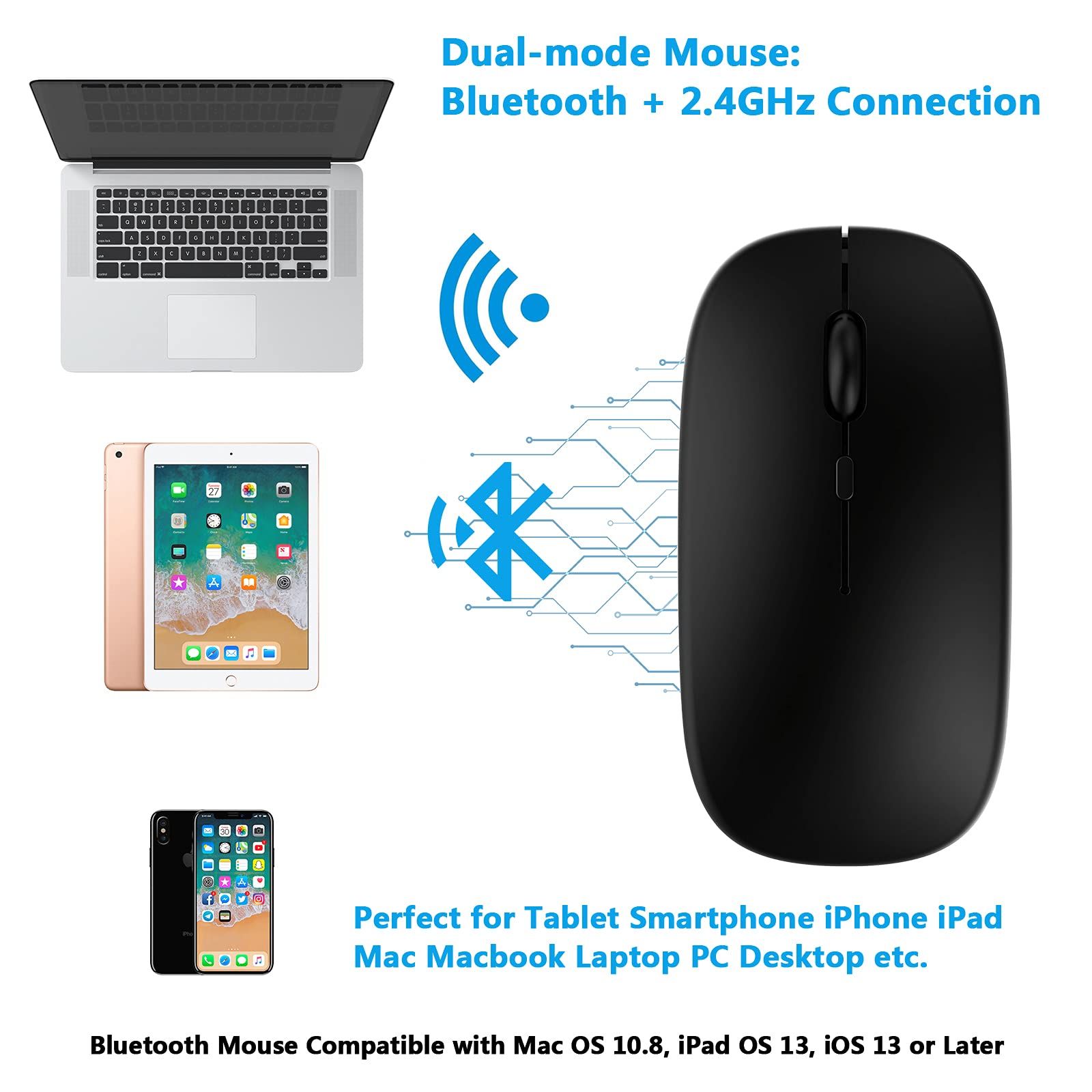 Bluetooth Mouse Rechargeable Wireless Mouse for Tablet Cell Phone Smartphone Laptop PC Computer Desktop Android Cordless (Black)