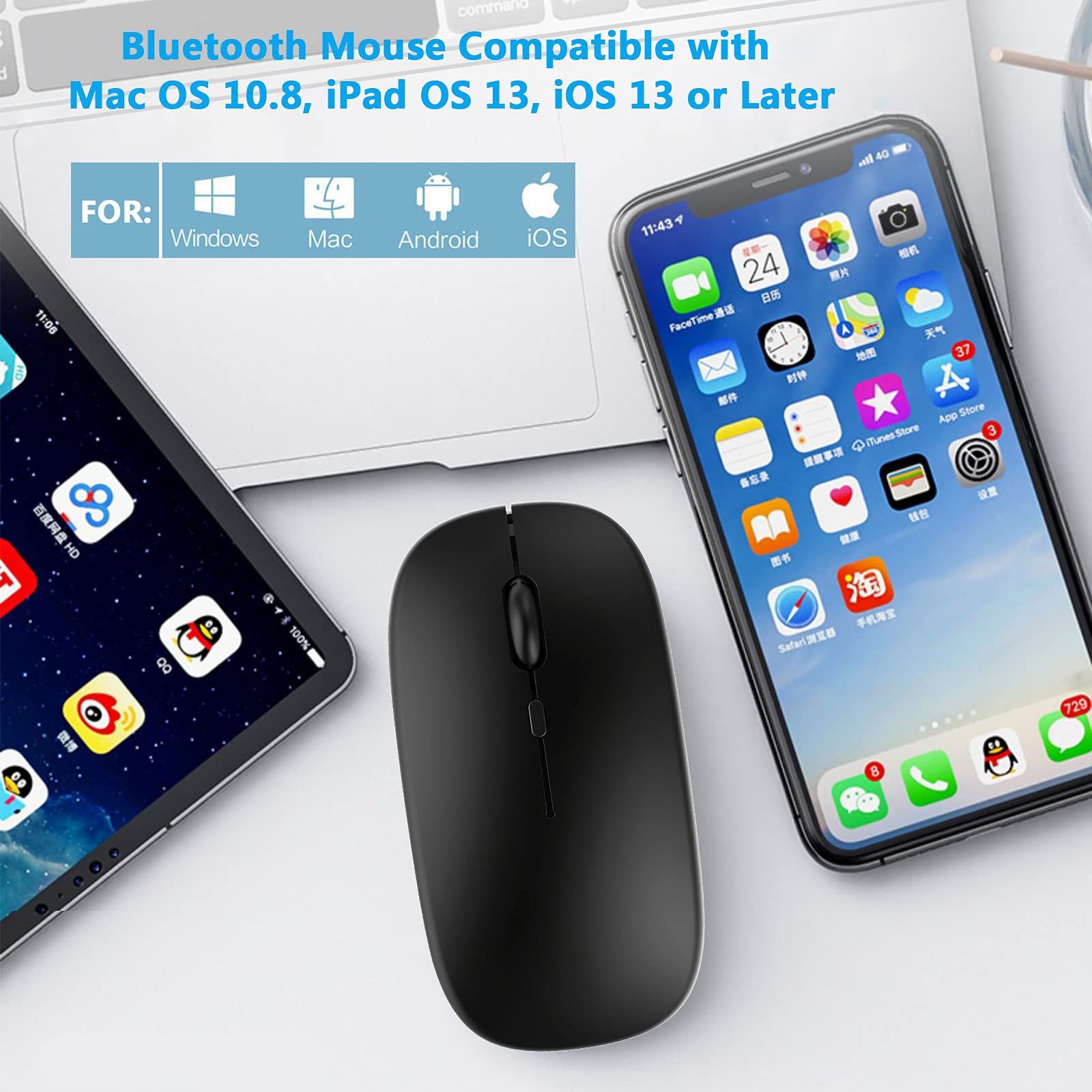 Bluetooth Mouse Rechargeable Wireless Mouse for Tablet Cell Phone Smartphone Laptop PC Computer Desktop Android Cordless (Black)