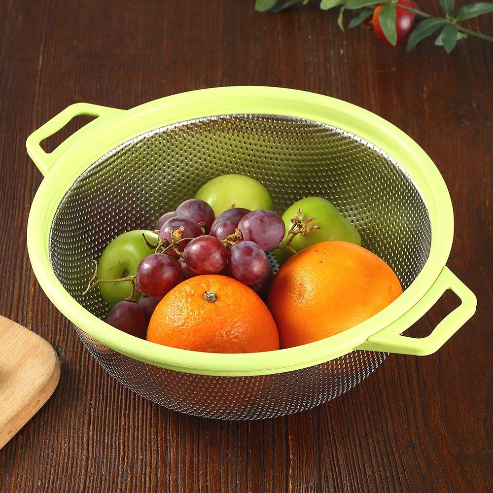 Stainless Steel With Handle and Legs, Large Metal Green Strainer for Pasta, Spaghetti, Berry, Veggies, Fruits, Noodles, Salads